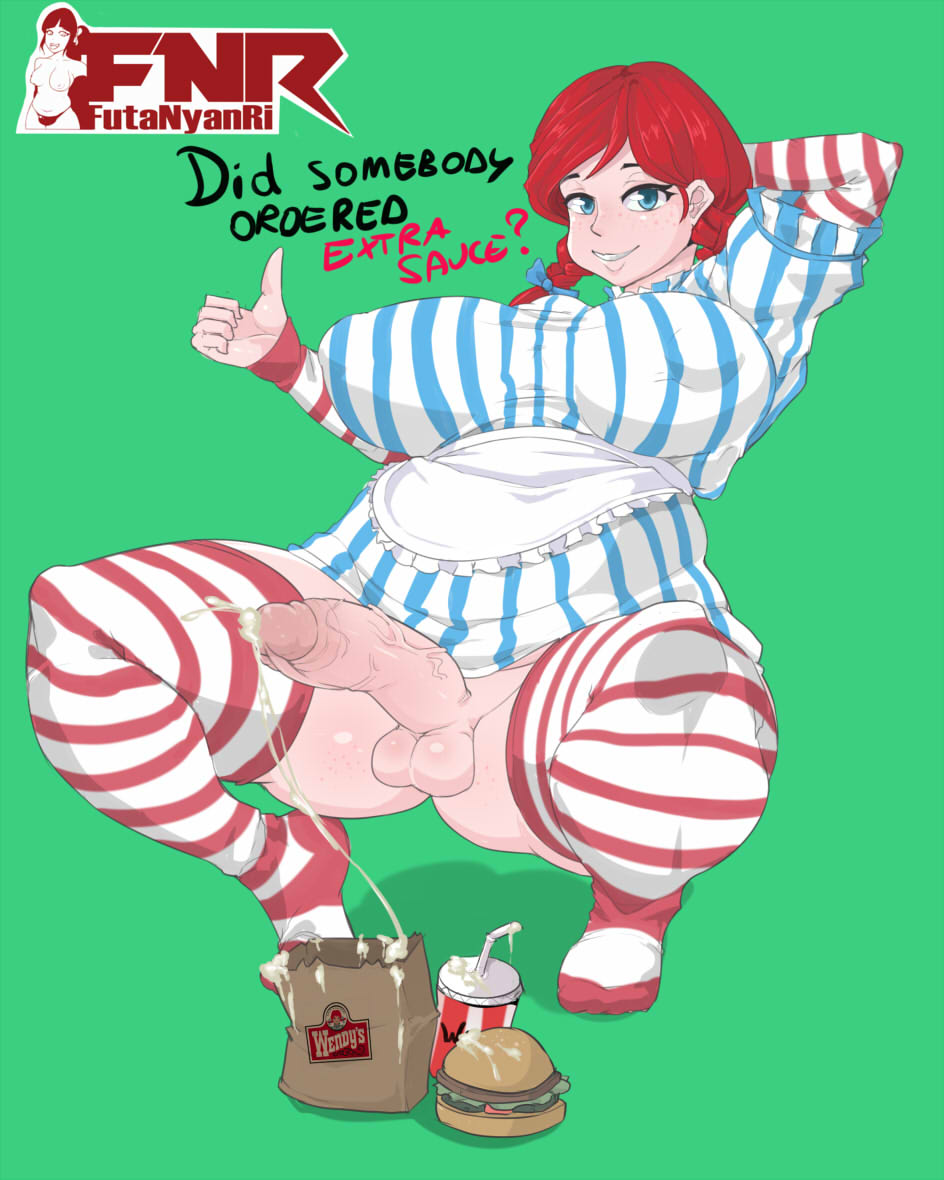 1futa balls blue_eyes bottomless clothed cum cum_on_food erection food futa_only futanari futanyanri hanging_balls intersex large_ass large_balls large_breasts large_penis penis red_hair solo wendy's wendy_thomas wide_hips