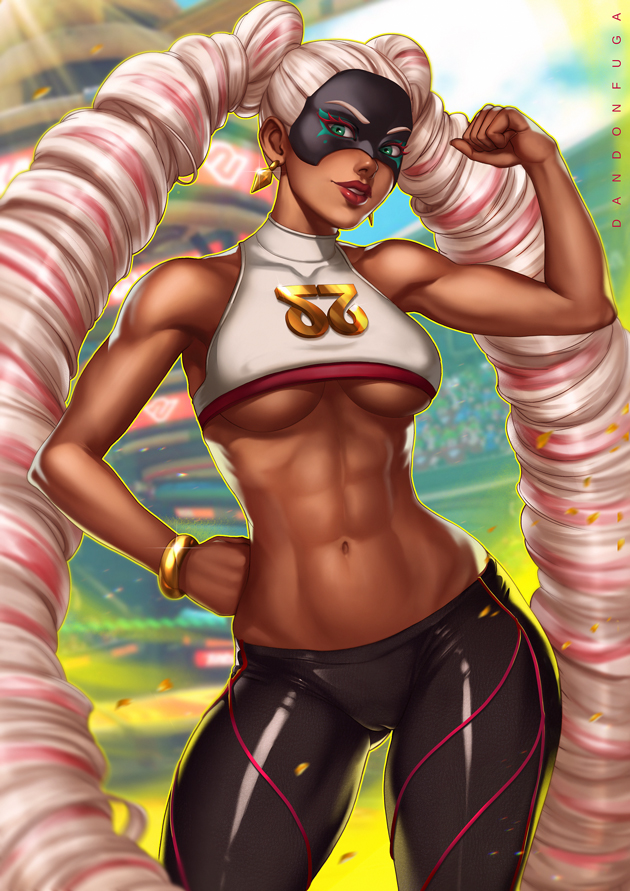 1girls, abs, arms, arms (game), artist name, belly, blonde hair, blue eyes, bracelet, breasts, cameltoe, cleavage, covered breasts, dandon fuga, dark skin, dark-skinned female, drill hair, earrings, erect nipples, erect nipples under clothes, female, female only, green eyes, hand on hip, hips, jewelry, large breasts, legs, lips, lipstick, long hair, looking at viewer, makeup, mask, midriff, multicolored, multicolored hair, muscles, muscular, muscular female, navel, nintendo, nipples, one arm up, pants, pink hair, pinup, pussy, red lips, red lipstick, silver hair, solo, standing, straight hair, thighs, tied hair, tight, tight pants, toned, twin drills, twintails, twintelle, two-tone hair, underboob, very long hair, white hair