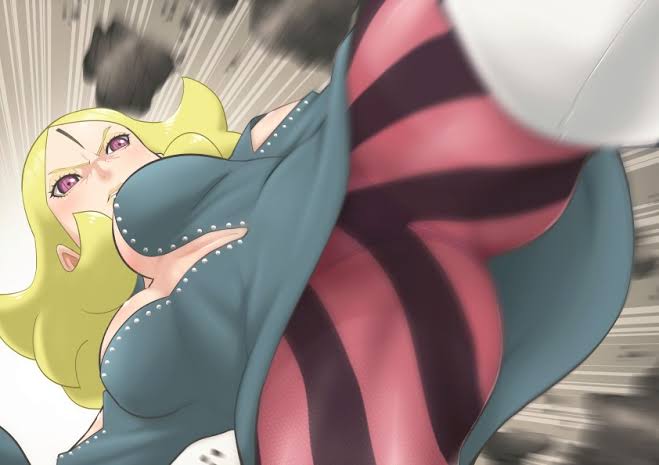 action_lines action_pose blonde_female blonde_hair blonde_hair boob_window boruto:_naruto_next_generations boruto:_two_blue_vortex breasts breasts_out cleavage crotch crotch_shot delta_(boruto) dynamic_pose eeshin_(eishin5584) fight forehead_mark green_dress kick kicking leggings low-angle_view naruto naruto_(series) pink_eyes thick_thighs under_skirt_view underskirt underwear_visible_through_clothing