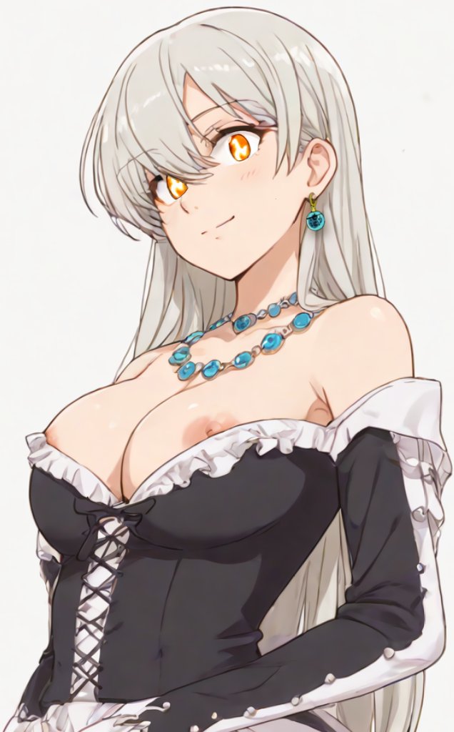 ai_generated big_breasts cleavage earrings elizabeth_liones goddess jewelry looking_at_viewer milf nanatsu_no_taizai necklace nipple_slip nipples orange_eyes queen seven_deadly_sins silver_hair simple_background smile white_background