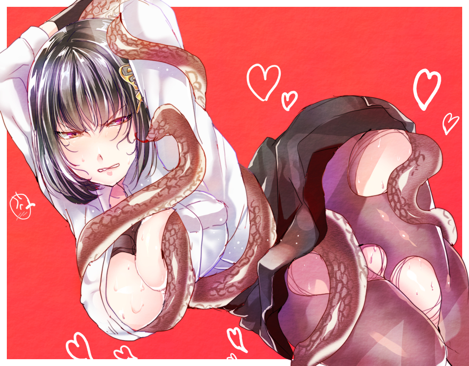 1girls akiko_yosano anger_vein angry arms_up black_gloves black_hair black_skirt blush bob_cut breasts bungo_stray_dogs butterfly_hair_ornament clenched_teeth clothes_lift covered_nipples female gloves hair_ornament heart large_breasts long_sleeves masahiro_eto open_clothes open_shirt pantyhose pink_eyes red_background restrained shirt short_hair skirt snake solo spoken_anger_vein spoken_blush sweat teeth torn_clothes torn_pantyhose white_shirt