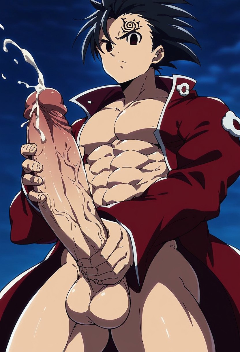 1boy ai_generated big_penis black_eyes black_hair cum erection legs looking_at_viewer male masturbation nanatsu_no_taizai nude nudity solo spiky_hair standing uncensored zeldris