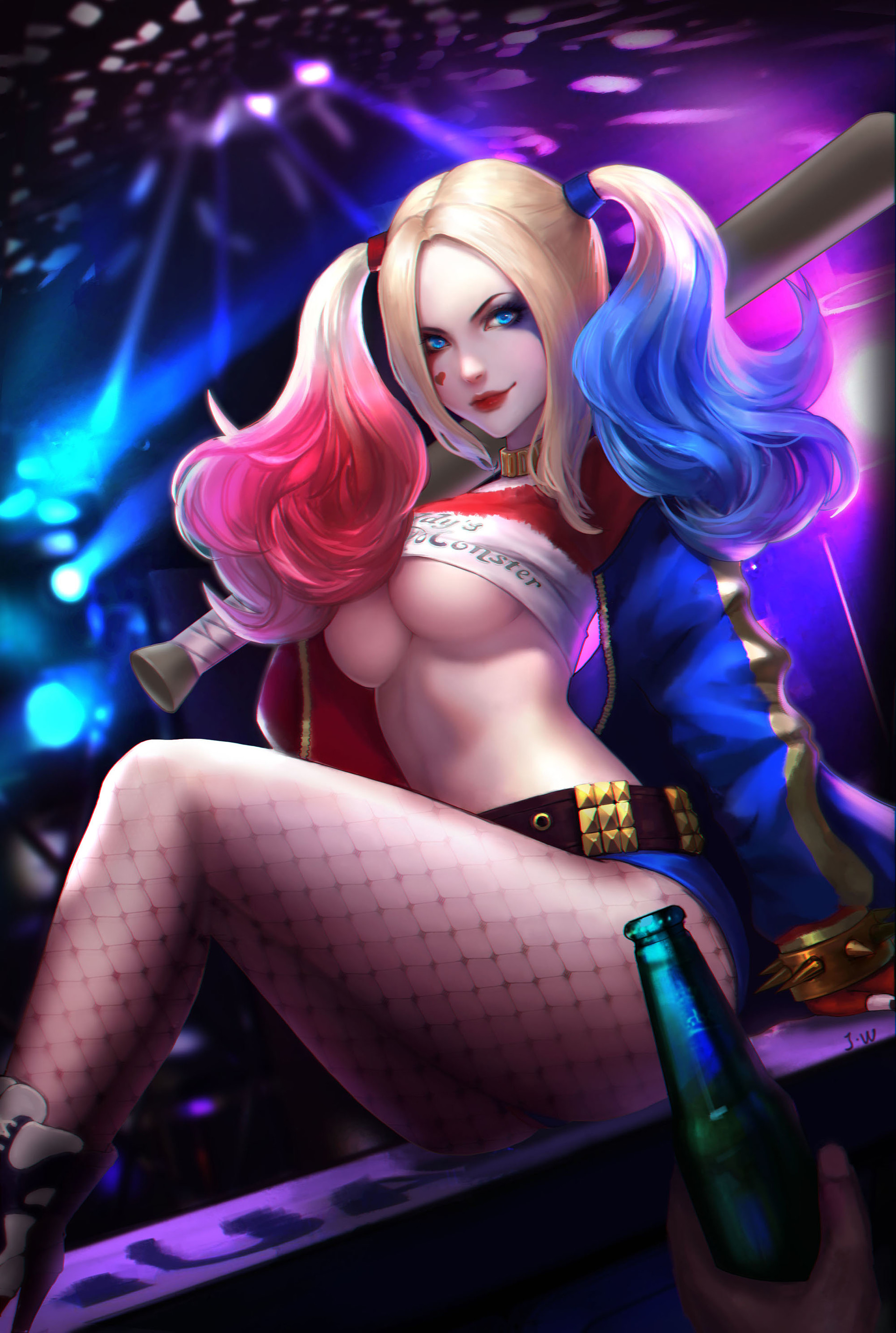 1boy, 1girls, alcohol, artist name, ass, baseball bat, batman (series), belly, belt, black legwear, black pantyhose, blonde, blonde hair, blue eyes, blue hair, boots, bottle, bracelet, breasts, choker, cleavage, covered breasts, dc, dc comics, dc extended universe, denim, denim shorts, drink, english, english text, facepaint, facial mark, female, fingerless gloves, fishnets, gloves, harley quinn, high heel boots, high heels, high resolution, hips, holding weapon, hotpants, human, jacket, jewelry, large breasts, legs, legwear, lips, lipstick, long hair, makeup, male, multicolored, multicolored hair, nail polish, navel, pantyhose, pink hair, red gloves, red lips, red lipstick, shirt, shoes, short shorts, shorts, signature, spiked bracelet, spikes, suicide squad, supervillain, tagme, thighs, tied hair, twintails, underboob, very high resolution, villain, weapon
