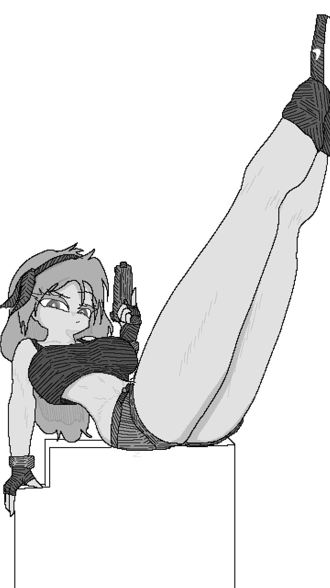 athletic_female bandana breasts dragon_ball_(classic) female gloves holding_gun long_hair lunch_(dragon_ball) monochrome self_upload shorts sitting tagme