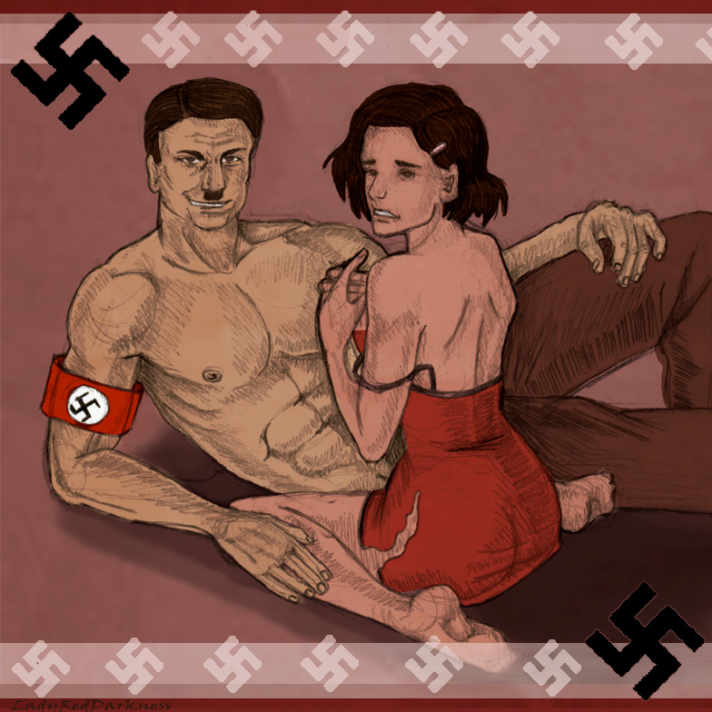 1boy 1girls abs adolf_hitler anne_frank big_ass big_breasts big_butt evil_grin evil_smile female german half-dressed heterosexual history laying looking_at_viewer male male/female moustache muscular muscular_male nazi nazi_armband nervous pink_background red_skirt ripped_clothing ripped_skirt sitting smile smiling smiling_at_viewer swastika swastika_armband teeth teeth_showing world_war_2 ww2