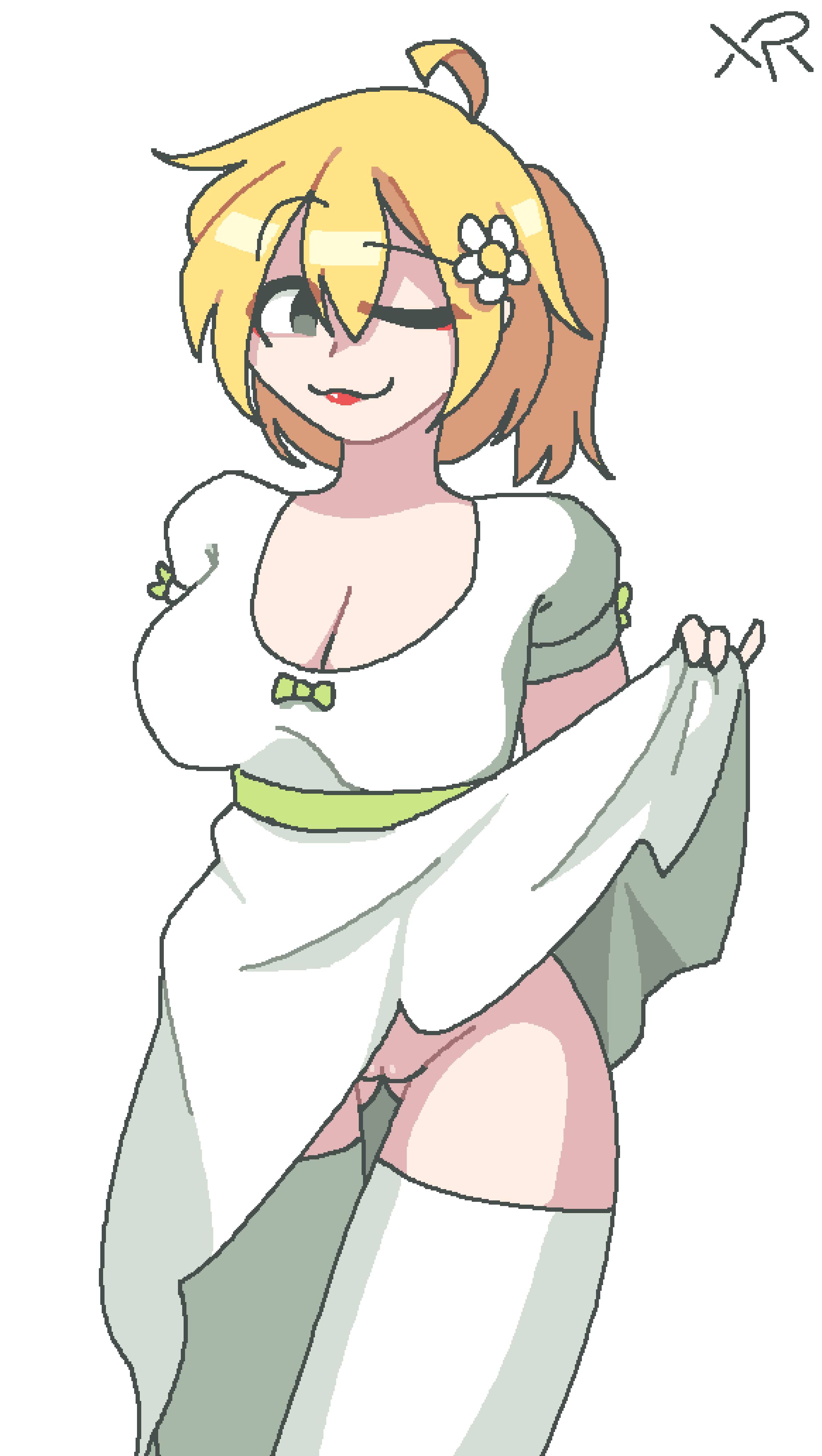 blonde_hair dress_lift floral_foxingdale flower_in_hair green_eyes imxr24 lipstick ms_paint no_panties pussy thighhighs uncensored wedding_dress white_dress wink