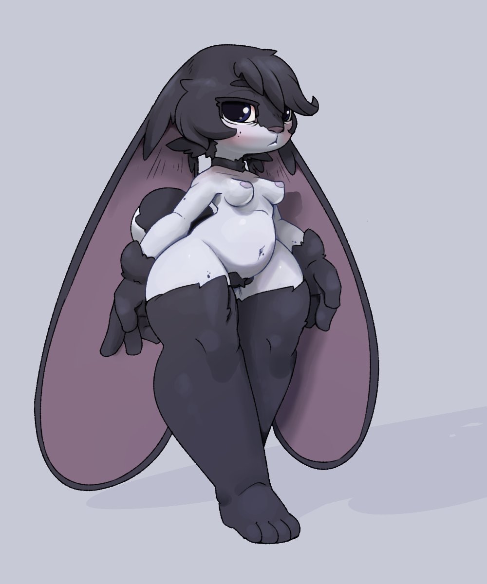 2024 4_toes 5:6 anthro black_body black_fur bonnie_(pixelhat) breasts feet female floppy_ears fur hi_res huge_ears lagomorph leporid lop_ears mammal pixelhat rabbit slightly_chubby slightly_chubby_anthro slightly_chubby_female solo toes white_body white_fur wide_hips