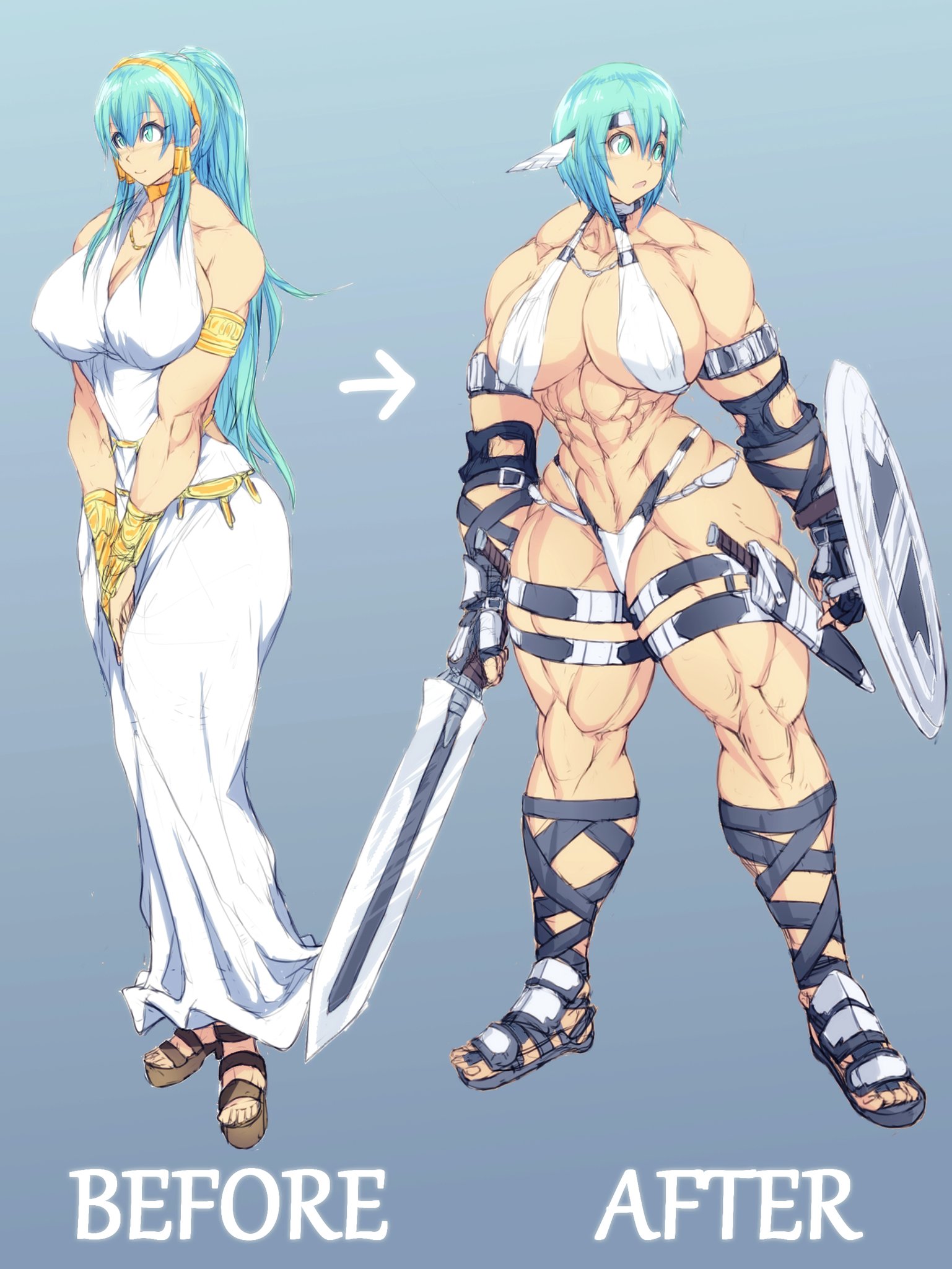abs, before and after, biceps, blue eyes, blue hair, breasts, brown skin, cleavage, dress, extreme muscles, female, female only, fingerless gloves, gloves, highres, huge breasts, jin-jin, legs, long hair, looking at viewer, muscles, muscular, muscular female, muscular legs, navel, original, perky breasts, pose, shield, short hair, simple background, standing, swimsuit, sword, thick, thick thighs, thighs, toes