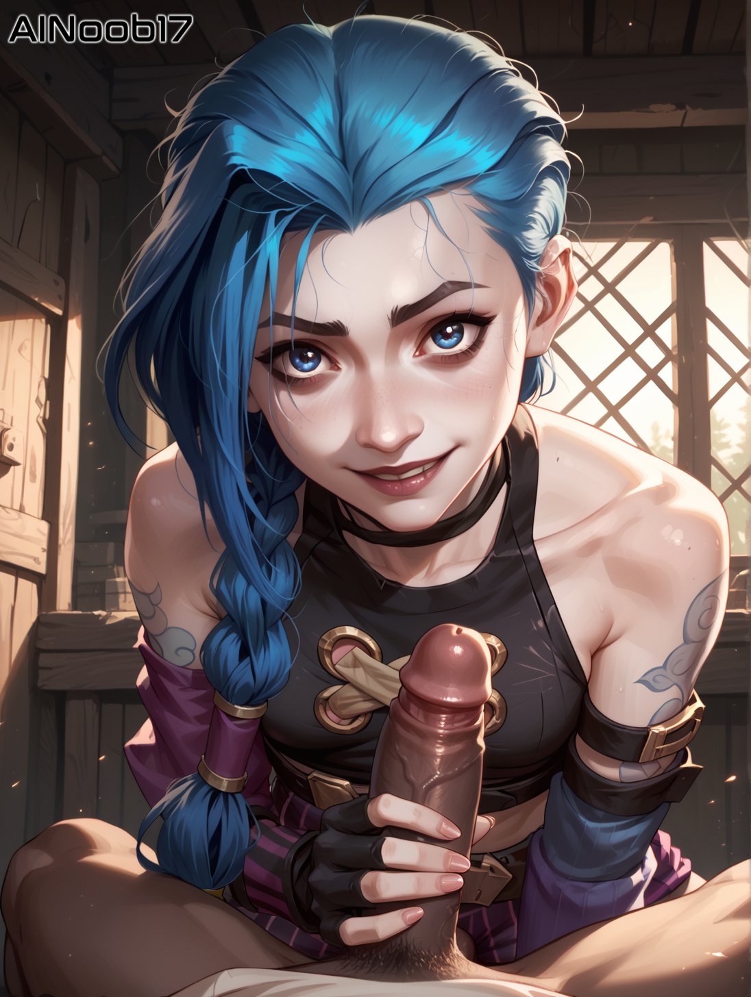 1girls ai_generated ainoob17 arcane arcane_jinx blue_hair dark-skinned_male handjob jinx_(arcane) jinx_(league_of_legends) league_of_legends light-skinned_female penis riot_games smile smiling stable_diffusion tagme