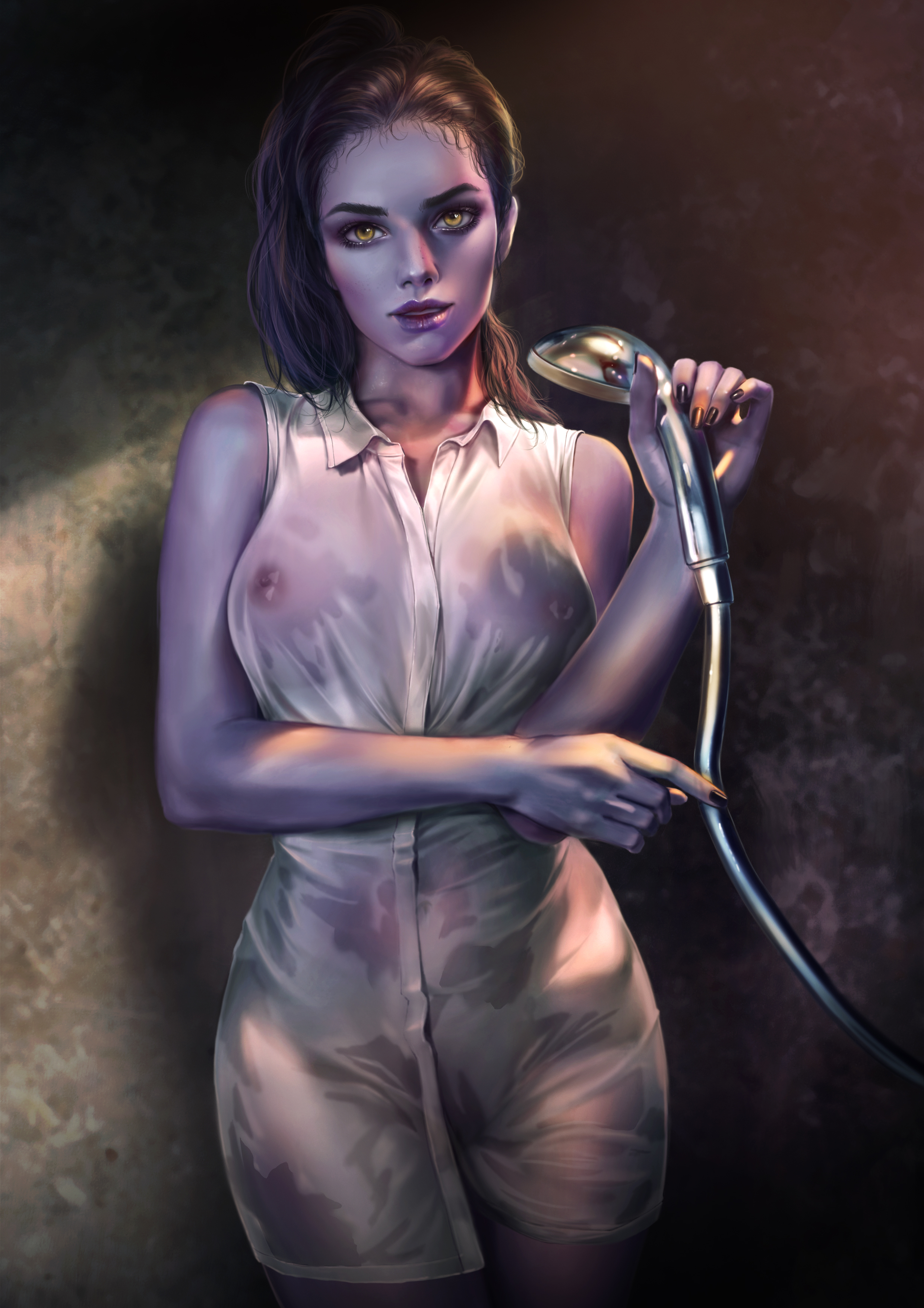 1girls, absurdres, areolae, artist name, blizzard entertainment, breasts, cowboy shot, female, female only, firolian, highres, indoors, long hair, looking at viewer, medium breasts, nail polish, navel, nipple bulge, nipples, nude, overwatch, parted lips, purple hair, purple skin, see-through, shiny, shiny skin, shirt, shower, shower head, showering, sleeveless, sleeveless shirt, solo, standing, water, wet clothes, wet shirt, white shirt, widowmaker, yellow eyes