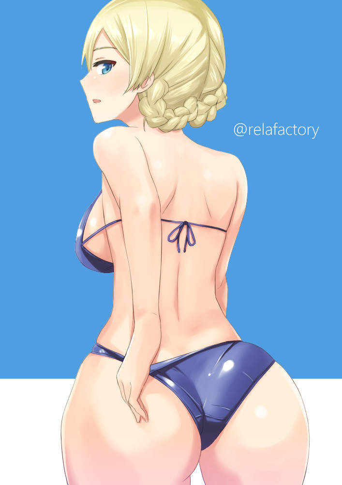 adjusting clothes, adjusting swimsuit, ass, bikini, blonde hair, blue bikini, blue eyes, breasts, cowboy shot, darjeeling, female, from behind, girls und panzer, large breasts, looking back, relafactory, short hair, solo, swimsuit, thighs, twitter username