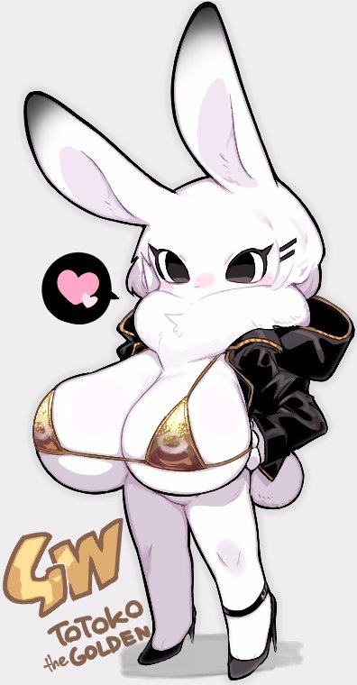 2d 2d_(artwork) 2d_artwork anthro big_breasts big_eyes bikini bikini_top bikini_top_only black_eyes black_heels black_jacket bunny bunny_girl bunny_tail furry gold_bikini golden_bikini heart_symbol heels huge_breasts jacket jacket_open kemono large_breasts lowres mato_tsuyoi micro_bikini open_sweater original tagme text totoko_(mato_tsuyoi_x_milteage) white_background white_fur white_skin white_tail