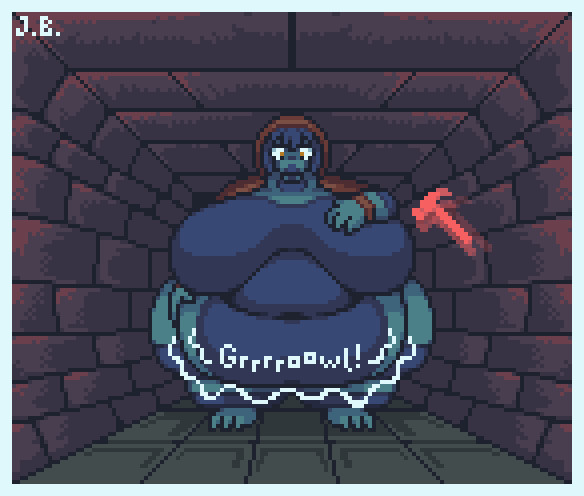 anthro claws cloak cloak_only fat featureless_breasts first_person_view floppy_breasts furry hammer huge_belly huge_breasts jellybru overweight overweight_female pixel_art pov psychopomp_(fading_club) stomach_growling thrait_(psychopomp)