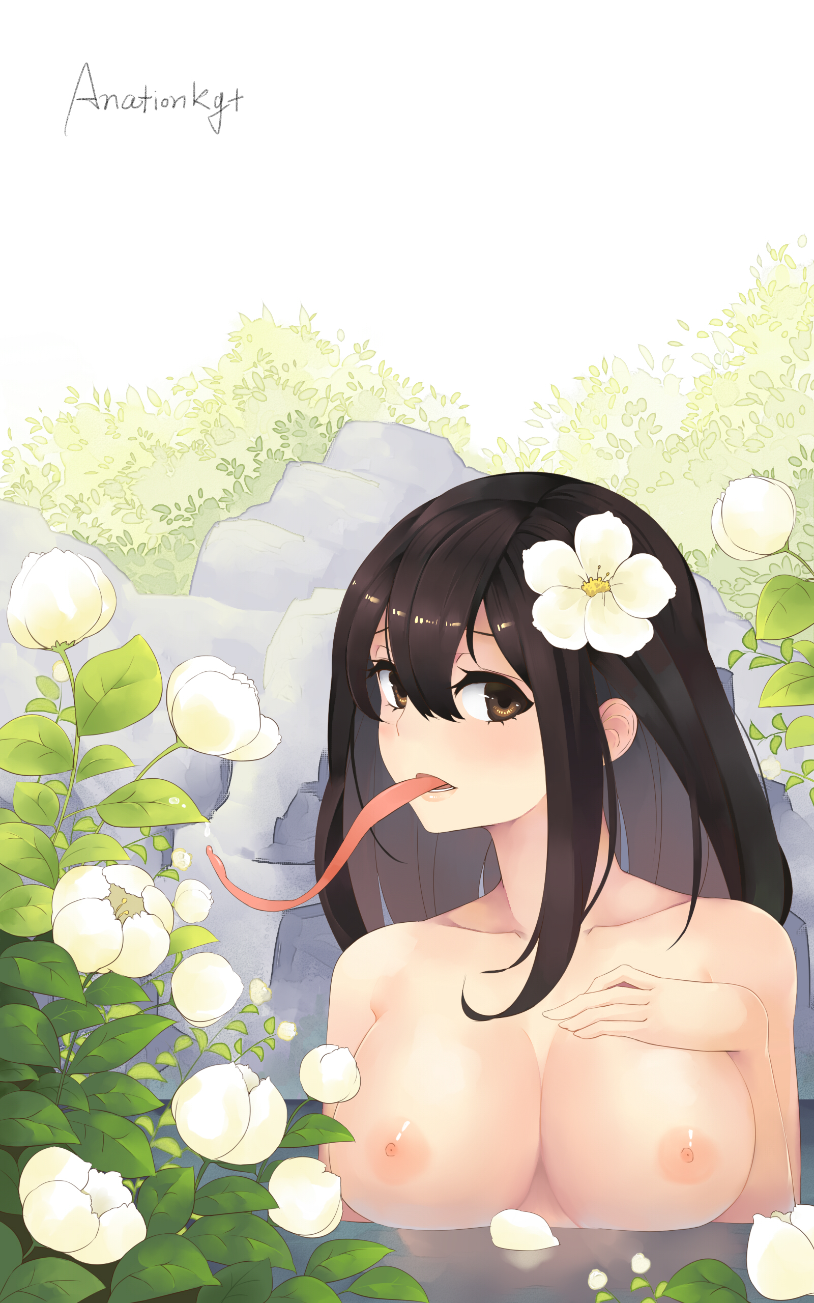 1girls, anationkgt, black hair, breasts, brown eyes, cleavage, female, flower, long hair, long tongue, my hero academia, nipples, nude, tsuyu asui, water