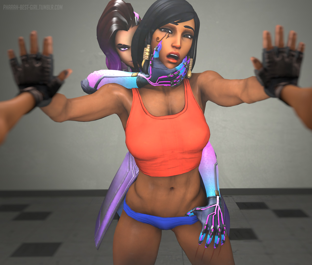 3d, black eyes, black hair, dark skin, dark-skinned female, female, female pov, femdom, from behind, muscles, muscular, muscular female, overwatch, panties, pharah, pharah-best-girl, scratching, sombra, source filmmaker, tank top, underwear, yuri