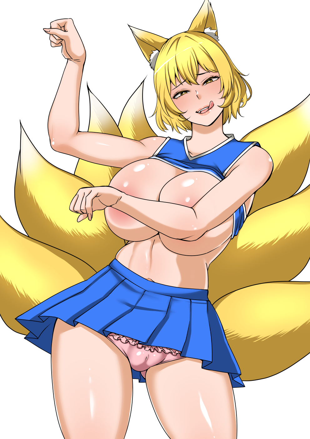 1girls alternate_costume arm_covers_breast blonde_hair blush cameltoe cheerleader female fox_ears fox_humanoid front_view half-closed_eyes huge_breasts licking_lips looking_at_viewer medium_hair panties ran_yakumo shiraue_yuu shirt_lift skirt solo touhou