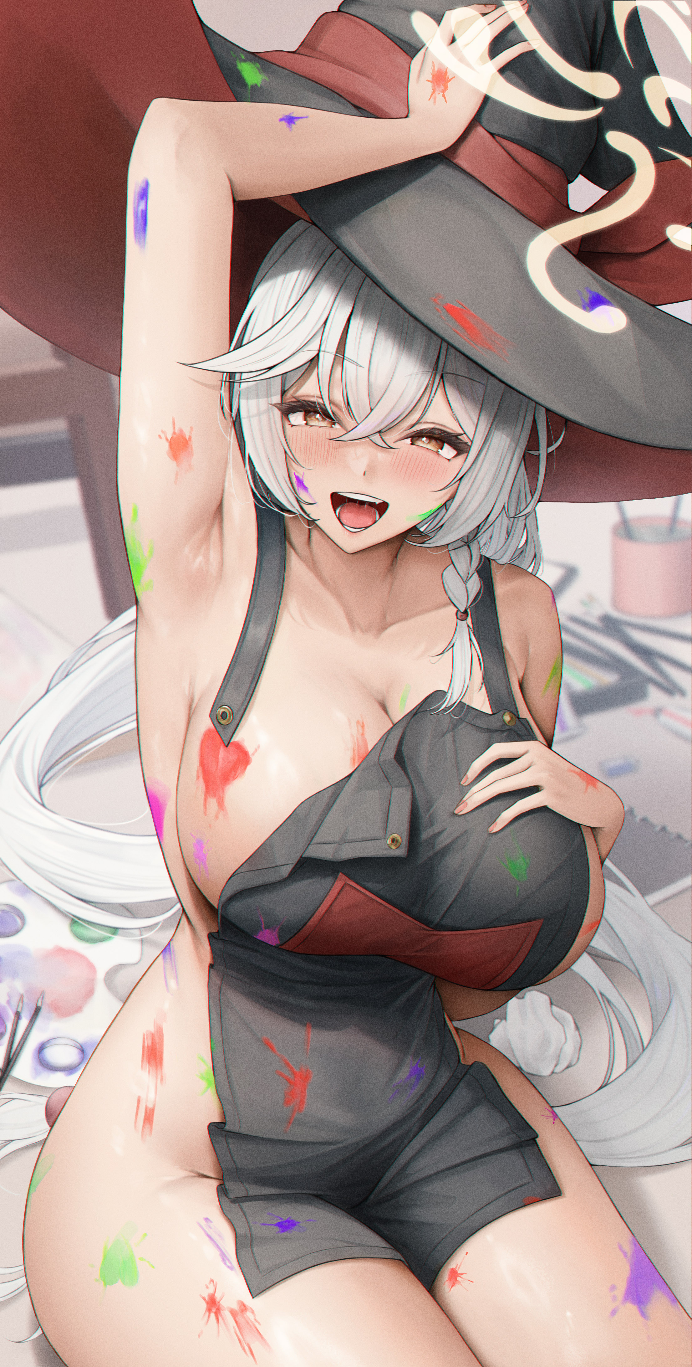 1girls, apron, apron only, armpits, arms up, big boobs, big breasts, big thighs, big tits, blue archive, boobs, breasts, bsmage, eri (blue archive), eyebrows visible through hair, female, hair between eyes, hat, hourglass figure, looking at viewer, naked apron, no bra, no panties, one arm up, open mouth, raised tail, thick thighs, thighs, tits, wizard hat, woman
