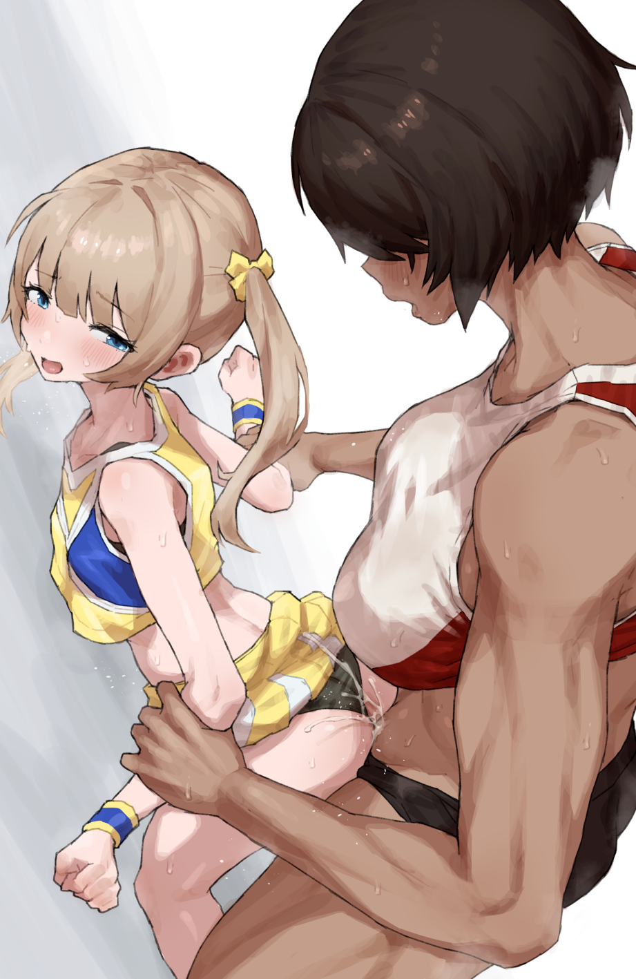 2girls arm_held_back ass bent_over blonde_hair blue_eyes breasts brown_hair censored clothed_sex cum cum_in_pussy dark-skinned_female dark_skin dated_commentary doggy_style futa_with_female futanari hands_on_another's_thighs height_difference highres kei_(m_k) large_breasts long_hair m_k multiple_girls original penis rika_(m_k) sex sex_from_behind short_hair simple_background size_difference standing standing_sex sweat tall tall_female tan tomboy vaginal_penetration