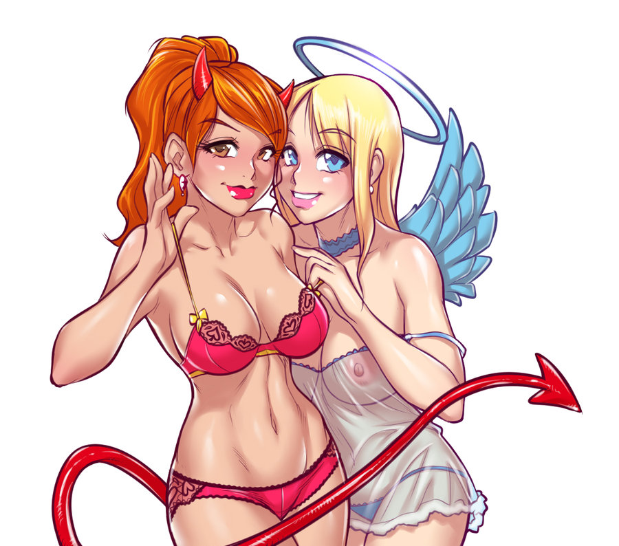 2girls, angel, angel and devil, angel wings, blonde hair, blue eyes, breasts, demon, demon girl, devil, devil tail, female, halo, higher resolution available, horns, lingerie, melkor mancin, monster girl, multiple females, multiple girls, navel, nipples, orange hair, panties, see-through, tail, underwear, white background
