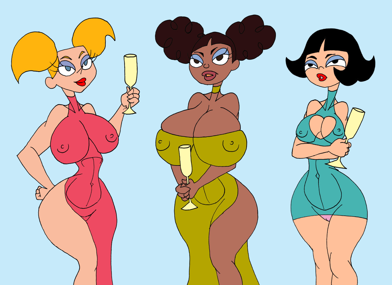 3girls, african female, aged up, arms up, asian, bangs, black eyes, black hair, blonde hair, blue dress, blue eyes, breast hold, breasts, brown eyes, brown hair, caglioro3666, cartoon network, cleavage, cleavage cutout, crossed arms, curvy, dark skin, dark-skinned female, dee dee (dexter's laboratory), dexter's laboratory, dress, drinking glass, erect nipples, eyelashes, eyeshadow, female, female only, group, hand on hip, hands on hips, hourglass figure, human, large breasts, lee lee, lipstick, looking at viewer, makeup, medium breasts, mee mee, minidress, multiple females, multiple girls, nipple bulge, nipples, older, open mouth, panties, pantyshot, pantyshot (standing), pink dress, pink panties, pose, red lipstick, short dress, short hair, simple background, standing, teenager, thighhighs, tied hair, twintails, underwear, wide hips, wine glass, yellow dress, yellow hair, yuri