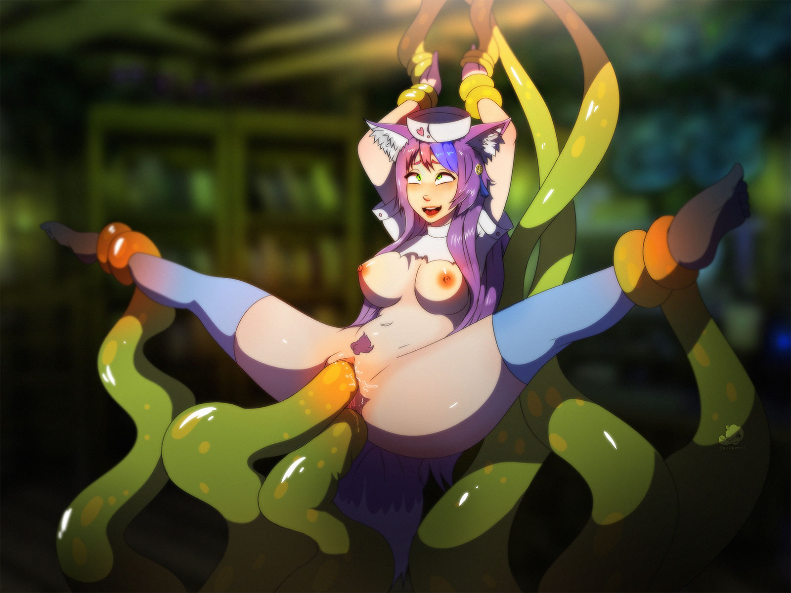 2017, ahe gao, anal sex, areolae, big breasts, breasts, cat girl, double penetration, female, large breasts, nipples, nude, penetration, purple hair, pussy, sex, spookiarts, spread legs, tentacle, tentacle sex, vaginal penetration