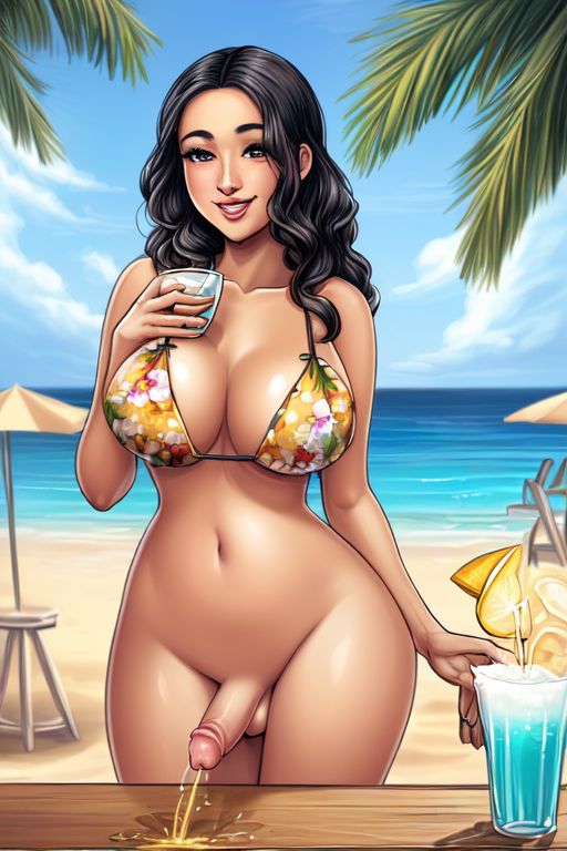 ai_generated barista beach bikini bikini_top black_hair drinking_glass drinking_urine futanari hawaiian nude peeing solo standing tan_body tan_skin thick thick_thighs tropical urination urine