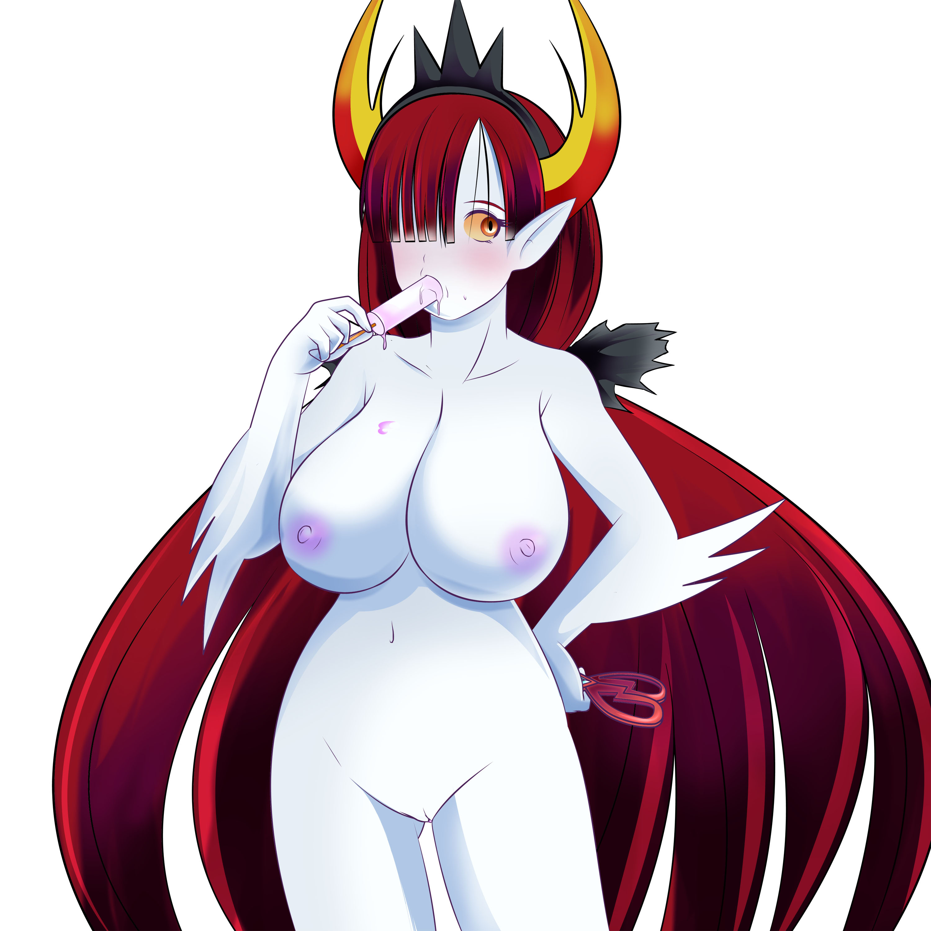 ass visible through thighs, blush, breasts, female, hair over one eye, hekapoo, highres, horns, ice cream, long hair, monster girl, navel, nipples, nude, open mouth, orange eyes, pointy ears, pussy, red hair, scissors, solo, spikes, star vs the forces of evil, tiara, very long hair, white background, white skin, xxangeluciferxx, yellow sclera