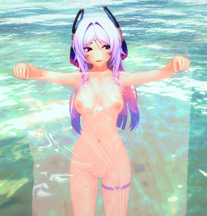 1girls anus beach big big_breasts blue_hair bra_lift citlali_(genshin_impact) day female fosuhakai genshin_impact holding_object long_hair nude nude_female open_eyes open_mouth open_smile red_hair sea seaside solo solo_female solo_focus standing transparent water white_hair