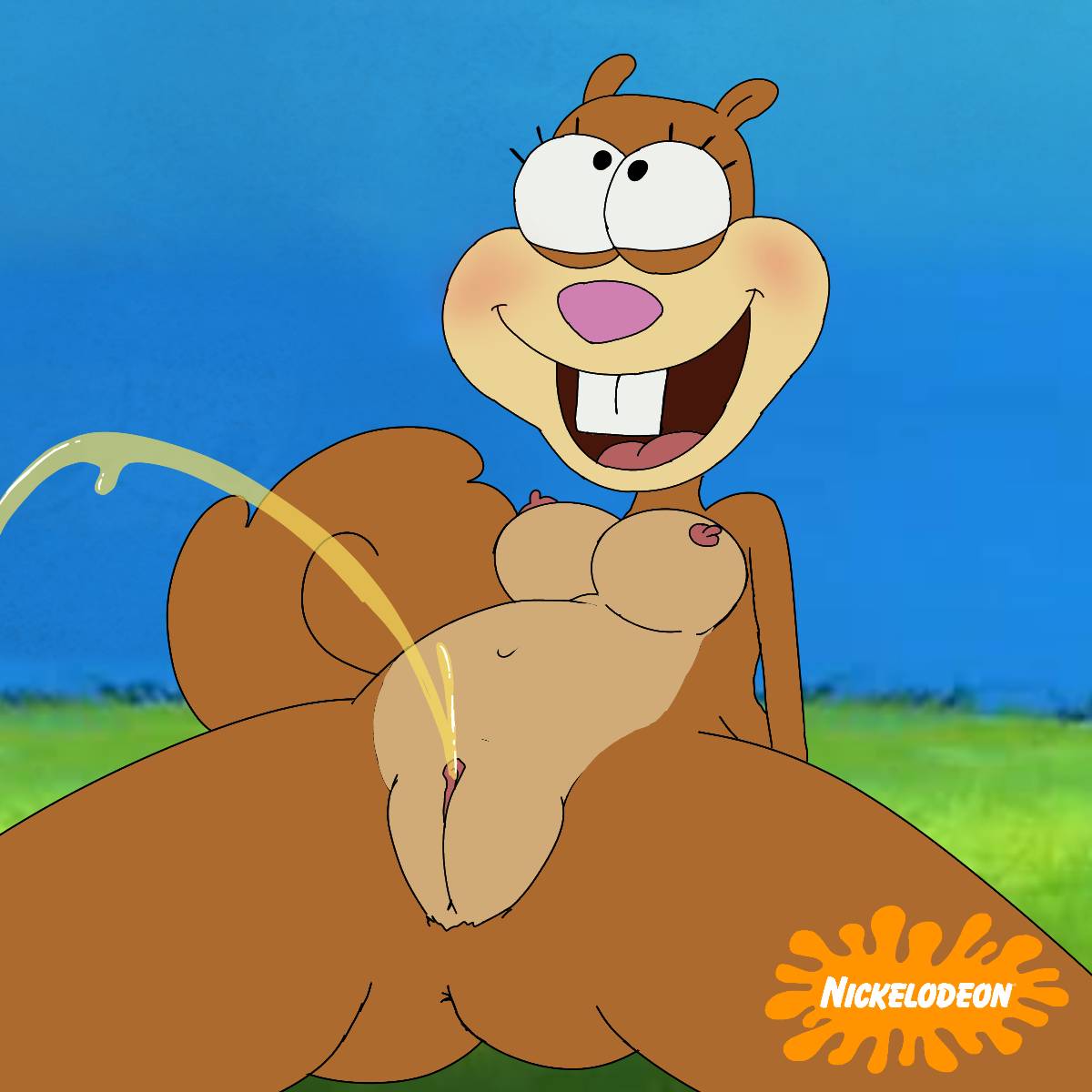 breasts brown_body buckteeth furry furry_female legs_apart naked nickelodeon parody peeing pussy sandy_cheeks solo spanky15 spongebob_squarepants squirrel tail urine