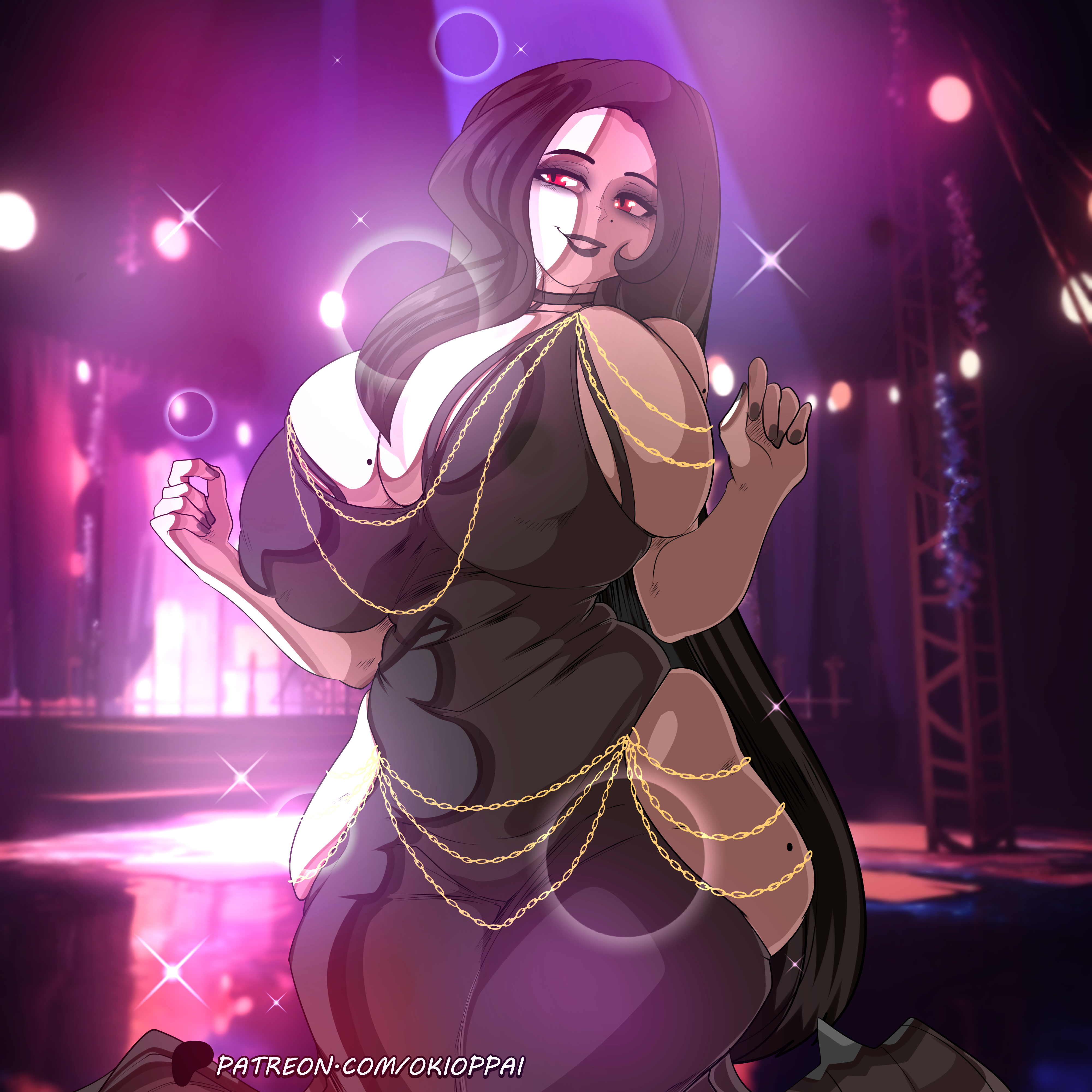 ai assisted, background, black hair, bonnie (red brachy), fancy dress, goth, okioppai, red eyes