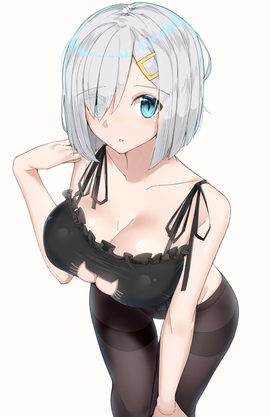 black bra, black legwear, blue eyes, bra, breasts, cat cutout, cleavage, crotch seam, eyebrows visible through hair, eyes visible through hair, female, hair ornament, hair over one eye, hairclip, hamakaze (kantai collection), highres, kantai collection, large breasts, leaning forward, looking at viewer, meme attire, pantyhose, parted lips, short hair, silver hair, simple background, solo, suzuharu (suzuharu0612), thighband pantyhose, underwear, underwear only