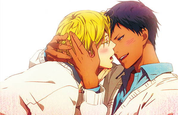 aomine_daiki blonde_hair blonde_lashes cute daiki_aomine gay kise_ryouta kuroko's_basketball kuroko_no_basuke male male/male navy_blue_hair ryota_kise short_hair siren_eyes tan_skin yaoi