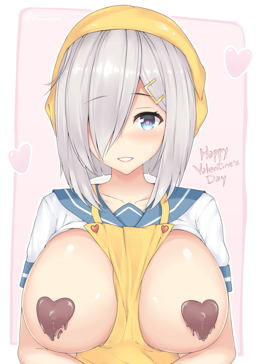 apron bandana bare_chest between_breasts blue_eyes blush breasts breasts_out chocolate chocolate_heart clothes_between_breasts collarbone erect_nipples female hair_ornament hair_over_one_eye hairclip hamakaze_(kantai_collection) happy_valentine head_scarf heart heart-shaped_pupils highres kantai_collection kuavera large_breasts looking_at_viewer pink_background school_uniform serafuku short_hair signature silver_hair smile solo symbol-shaped_pupils white_border