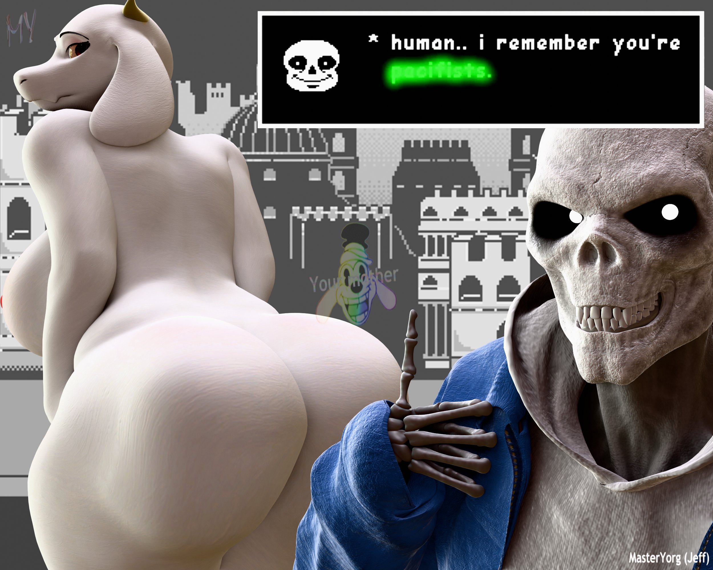 2024, 3d (artwork), 5:4, animated skeleton, anthro, ass, big breasts, big butt, bone, boss monster (undertale), bovid, breasts, butt pose, caprine, clothed, clothing, deltarune, dialogue, dialogue box, digital media (artwork), duo, english text, fangs, female, front view, fully clothed, gesture, goat, hand gesture, hi res, horn, long ears, looking back, male, mammal, masteryorg0, meme, nude, nude female, pose, realistic, rear view, samzan (modeler), sans, skeleton, smile, teeth, text, thumbs up, toriel, undead, undertale, undertale (series), warfaremachine (modeler), white eyes