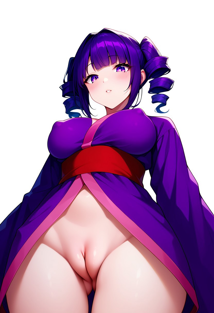 1girls ai_generated ass_visible_from_the_front ass_visible_through_thighs blossomtea blush blush_lines breasts civitai cleft_of_venus cosplay covered_nipples crossover crossover_cosplay dot_nose emi_senju eyebrows eyebrows_visible_through_hair eyelashes eyelashes_visible_through_hair hassaku_xl highlights highlights_(coloring) japanese_clothes kimono kokona_haruka labia labia_majora large_breasts light_blush looking_at_viewer low-angle_view masa_works_design nipples_visible_through_clothing no_underwear obi oni_to_kitsune_no_hanashi pink_sash purple_eyes purple_hair purple_kimono pussy red_obi sash self_upload simple_background solo teeth twin_drills white_background wide_sleeves yandere_simulator