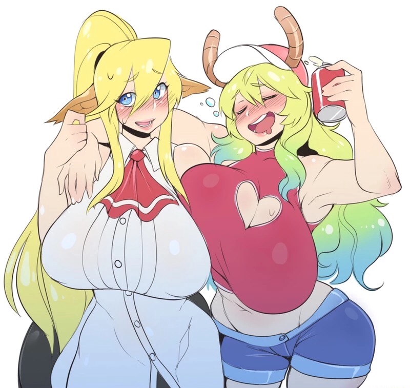 2girls alcohol animal_ears big_breasts blonde_hair blue_eyes blush breast_press cap centaur centorea_shianus closed_eyes clothed crossover dragon_girl drunk female_only gradient_hair horns milf miss_kobayashi's_dragon_maid monster_girl monster_musume_no_iru_nichijou open_mouth ponytail quetzalcoatl_(dragon_maid) simple_background taur tied_hair venusflowerart