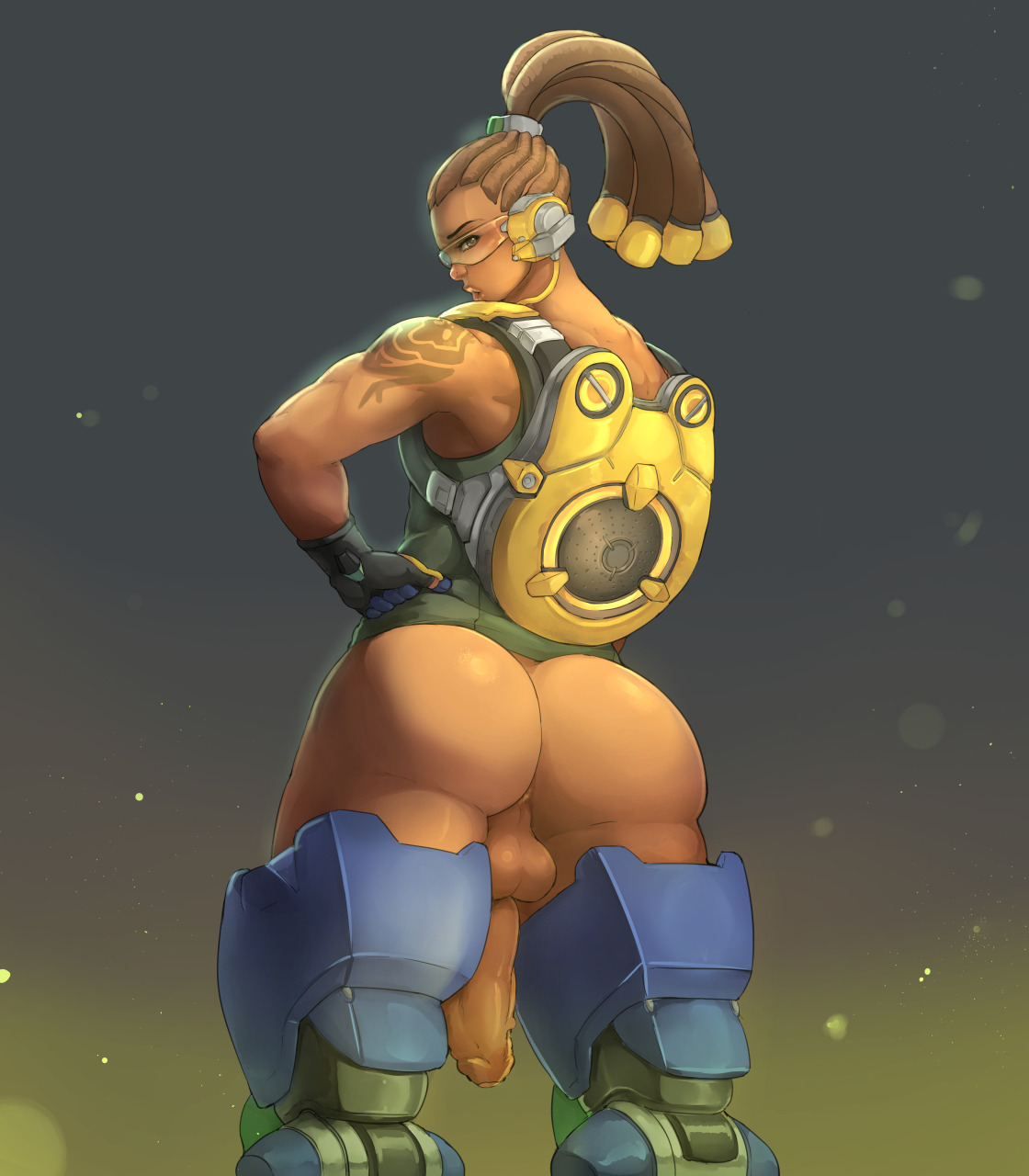 1boy, ass, balls, big ass, big butt, black, blizzard entertainment, brown hair, dark male only, dark skin, dark-skinned femboy, dark-skinned male, donaught, dreadlocks, femboy, flaccid, girly, huge cock, lúcio, lucio (overwatch), male, male only, overwatch, overwatch 2, penis, shiny, solo, solo male, tank top, testicles
