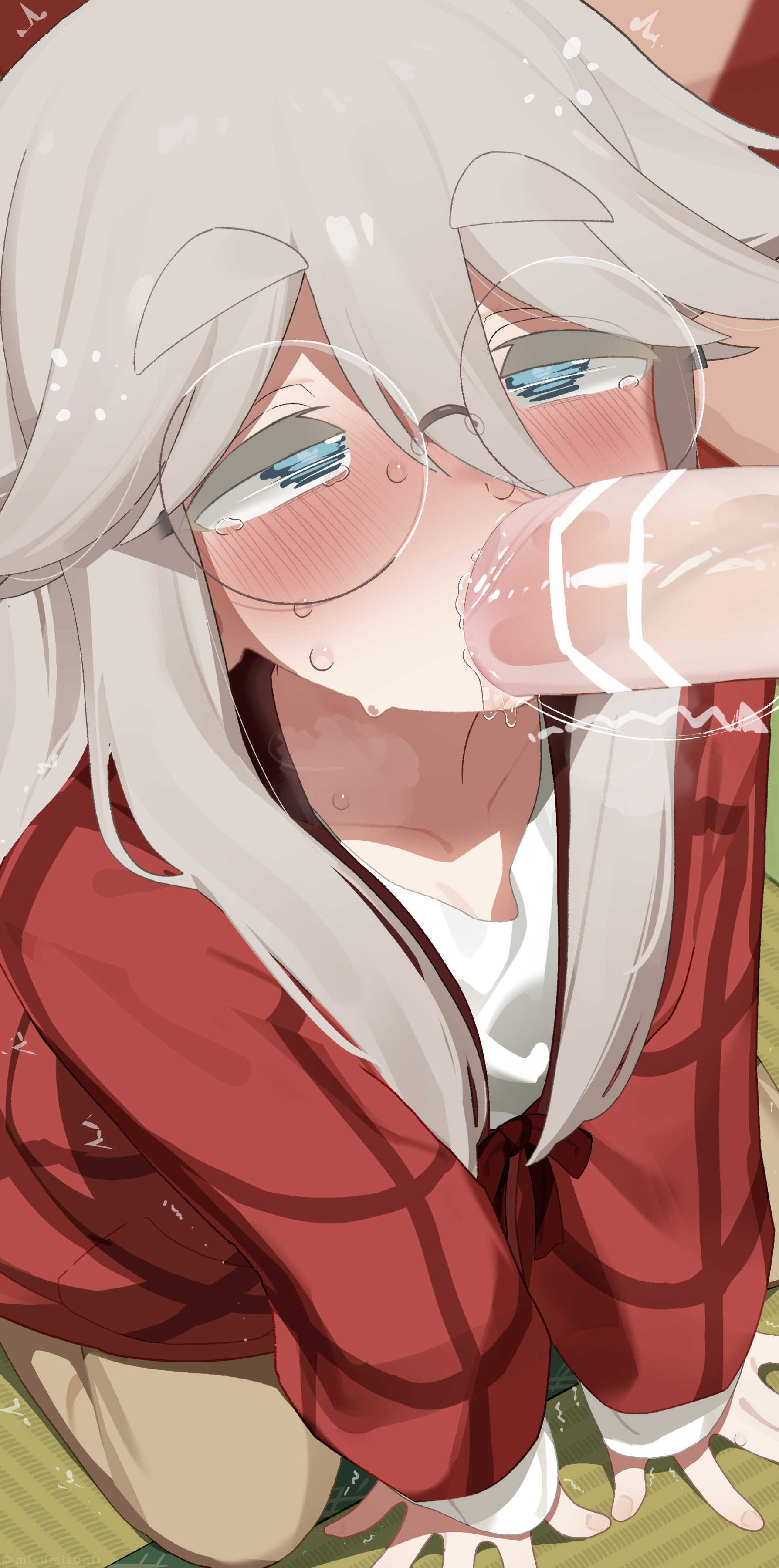 1boy, absurdres, akiyama haruno, bar censor, blue eyes, blush, censored, collarbone, commentary request, fellatio, female, glasses, highres, male, mizumizuni, mono (afro), oral, penis, round eyewear, shirt, straight, sweat, tears, thick eyebrows, white shirt