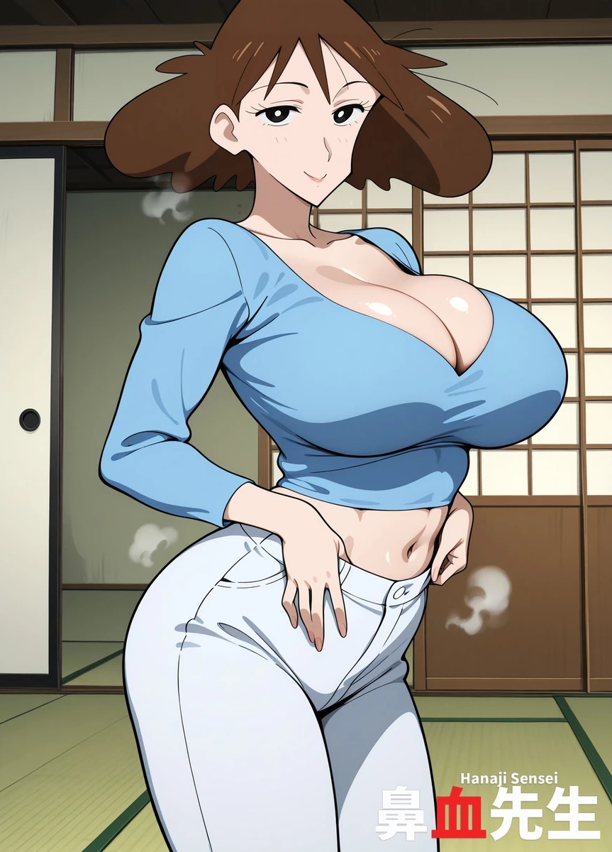 1girls, ai generated, breasts, brown hair, busty, busty female, crayon shin-chan, female, female focus, female only, hanajisensei, hi res, high resolution, highres, hourglass figure, mature female, milf, misae nohara, wide hips