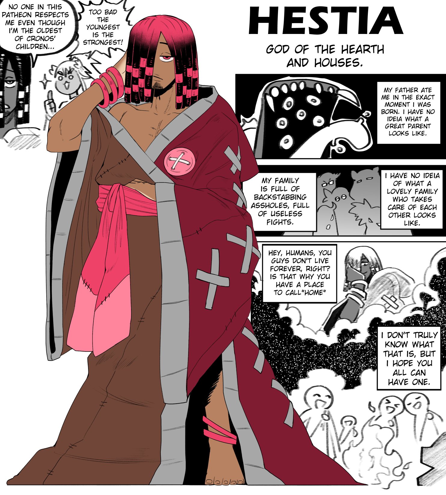 clothed, clothing, dark skin, dark-skinned male, dreadlocks, dreads, genderswap, god, greek mythology, hestia (greek mythology), hestia (mythology), long-haired male, male, solo male, two-tone hair, wanderjegson