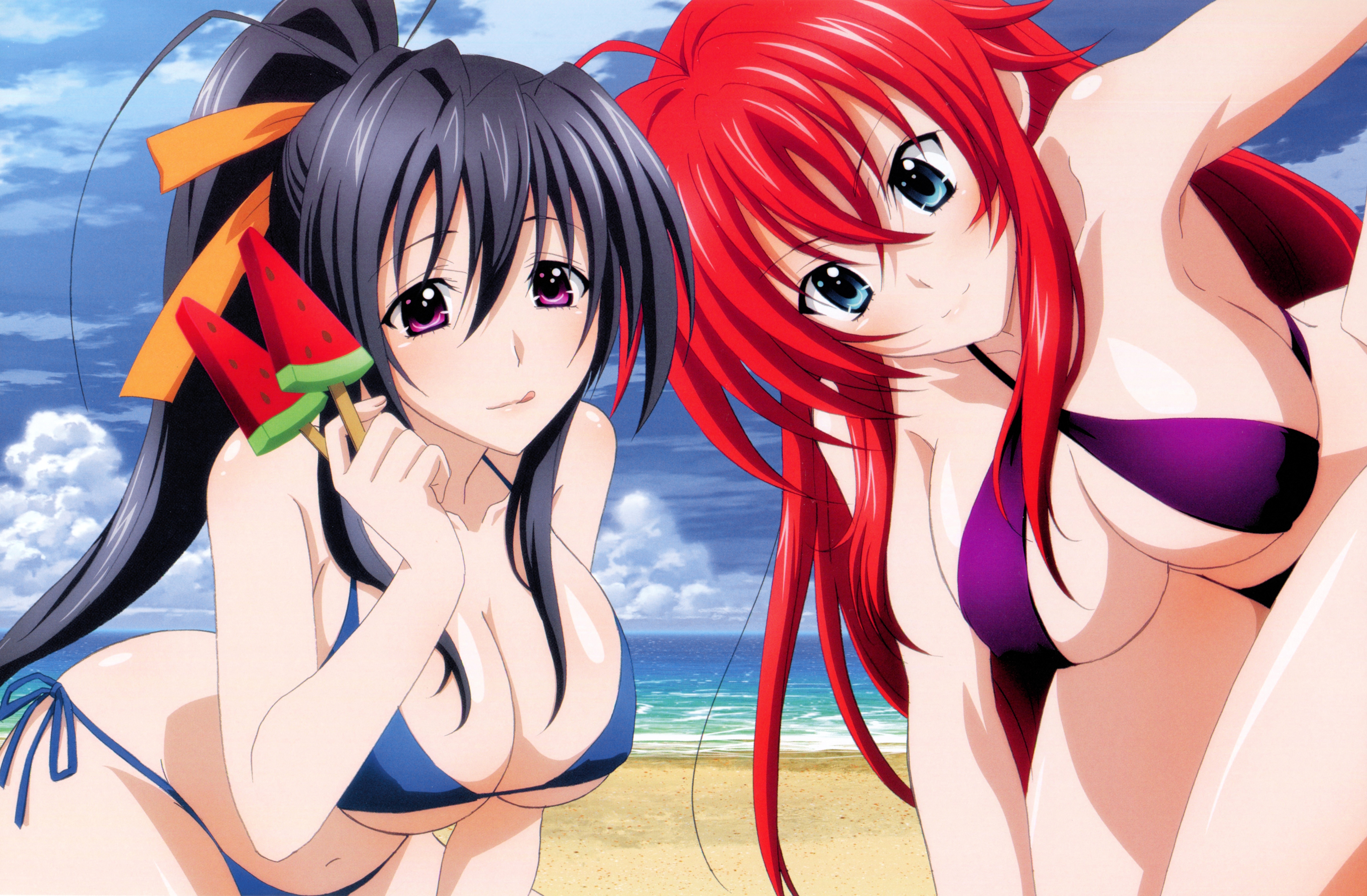 :p, 10s, 2girls, absurdres, akeno himejima, beach, bikini, black hair, blue eyes, bra, breasts, cartoony, cleavage, cloud, erect nipples, female, female only, food, fruit, hair ribbon, high school dxd, high school dxd born, highres, large breasts, licking, long hair, looking at viewer, multiple females, multiple girls, nakajima yoshiko, navel, nipples, official art, ongue, panties, ponytail, popsicle, purple eyes, red hair, rias gremory, ribbon, sand, sky, smile, standing, summer, swimsuit, tongue, tongue out, underboob, underwear, water, watermelon