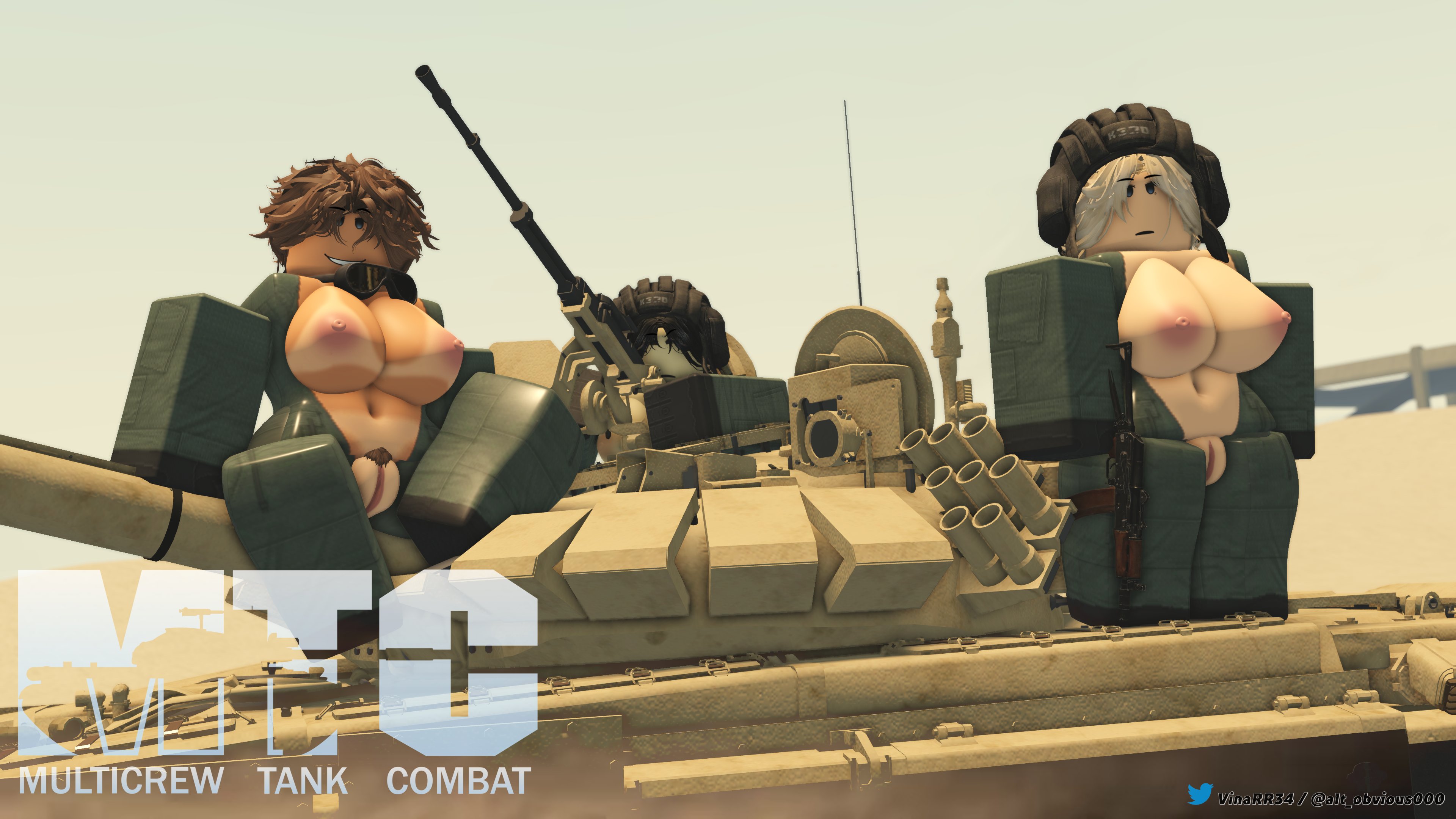 3d, 3girls, areolae, breasts, breasts out, copyright name, exposed breasts, exposed pussy, female, female only, gun, jumpsuit, military, mtc, multicrew tank combat, nipples, outdoors, pubic hair, pussy, roblox, roblox game, robloxian, t-72b3, tagme, tank, tanline, thighs, twitter username, vinarr34