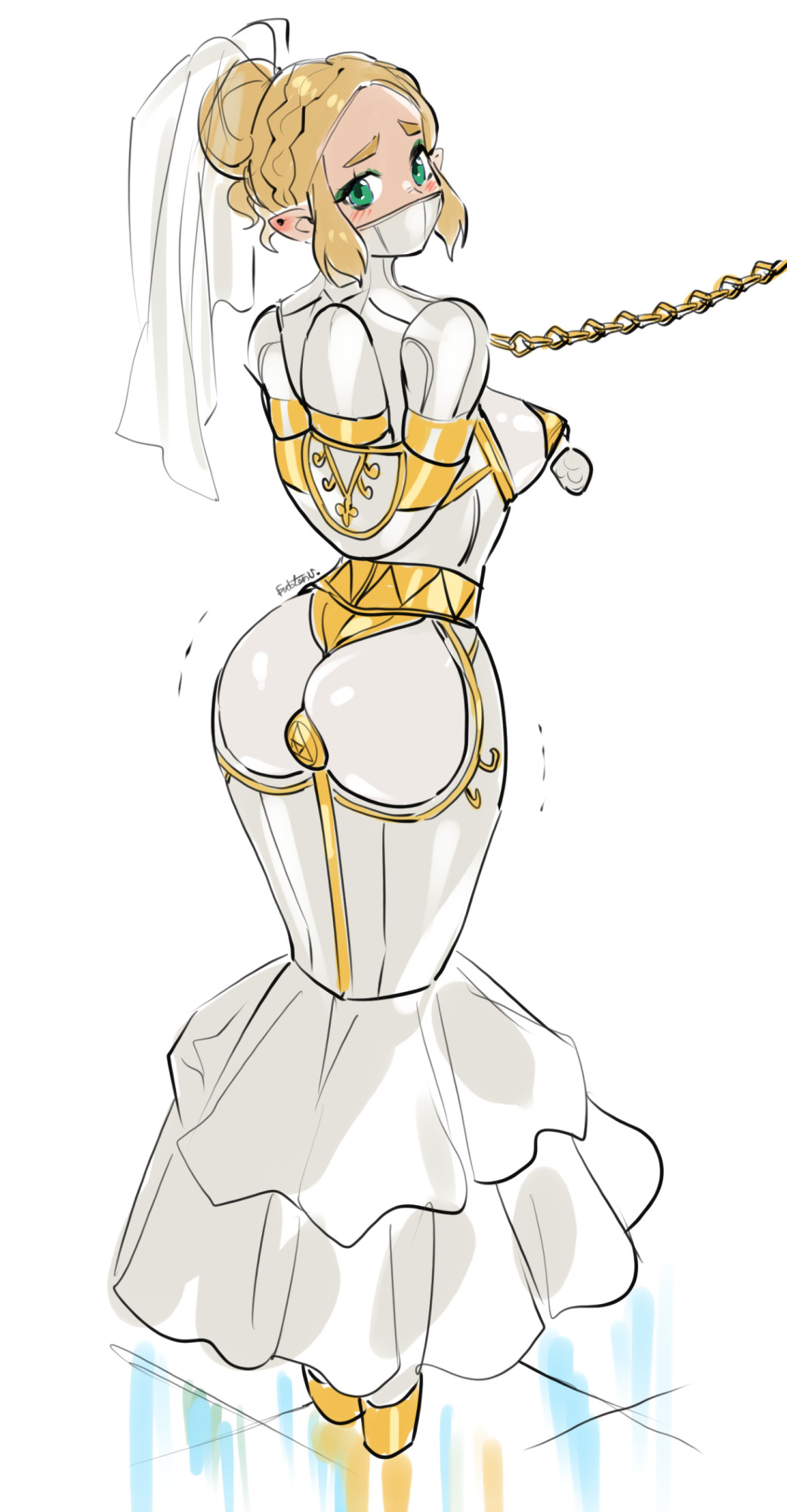 armbinder, arms behind back, ballet boots, ballet heels, bondage, bound, bound arms, breath of the wild, bridal gown, chains, elf, elf ears, eudetenis, eyeshadow, female, femsub, forced marriage, forced wedding, gag, gagged, high heels, hobble, hobble dress, hobble skirt, hylian, leash, makeup, mask, pointed ears, pointy ears, princess zelda, restrictive clothes, reverse prayer, the legend of zelda, wedding attire, wedding dress, wedding veil, white armbinder, zelda (breath of the wild)