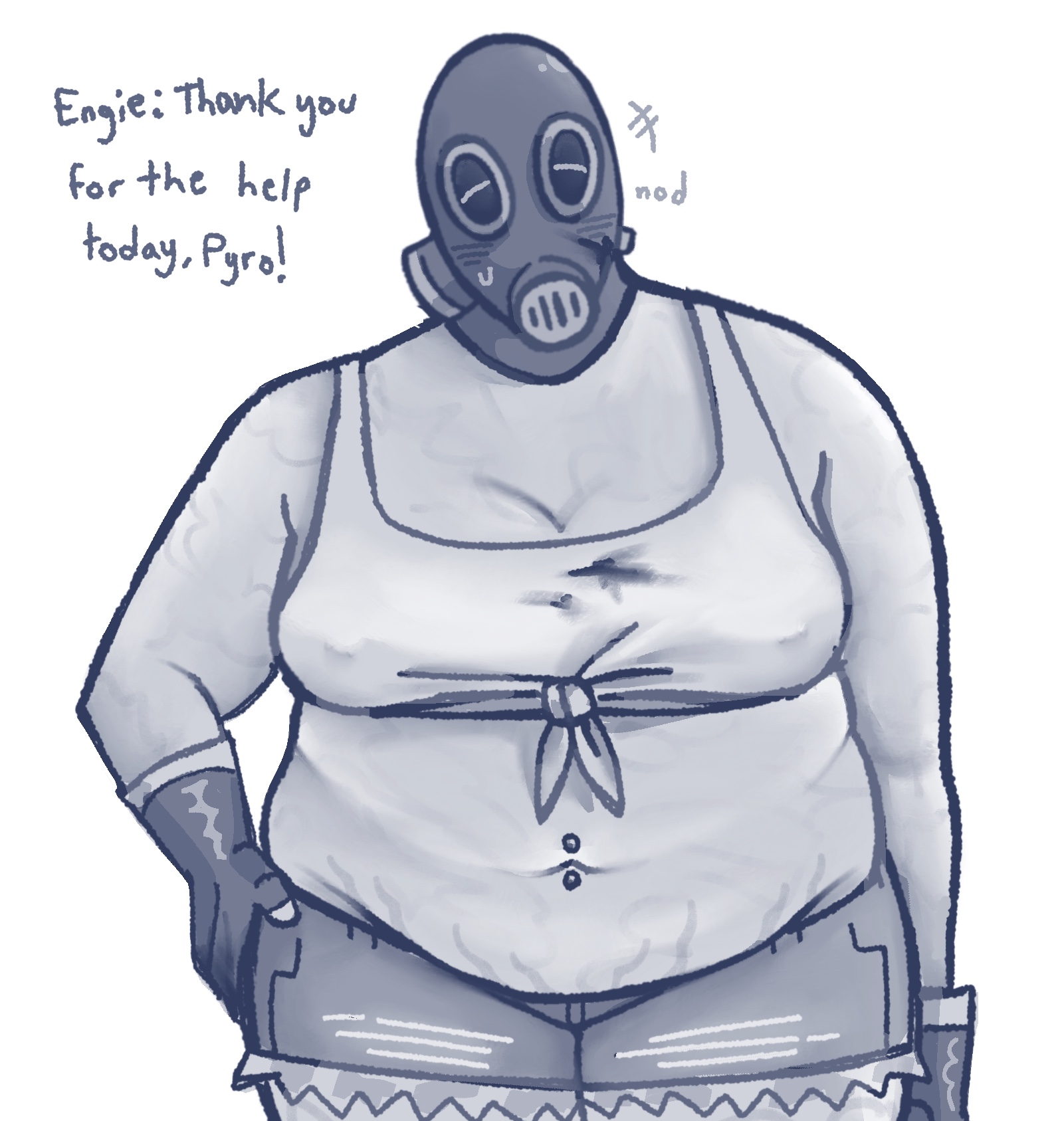 belly piercing, chubby, fat, female, gas mask, latex gloves, masked female, monochrome, nipple piercing, nonbinary, pyro (team fortress 2), scvmwrld, solo, stained clothes, team fortress 2