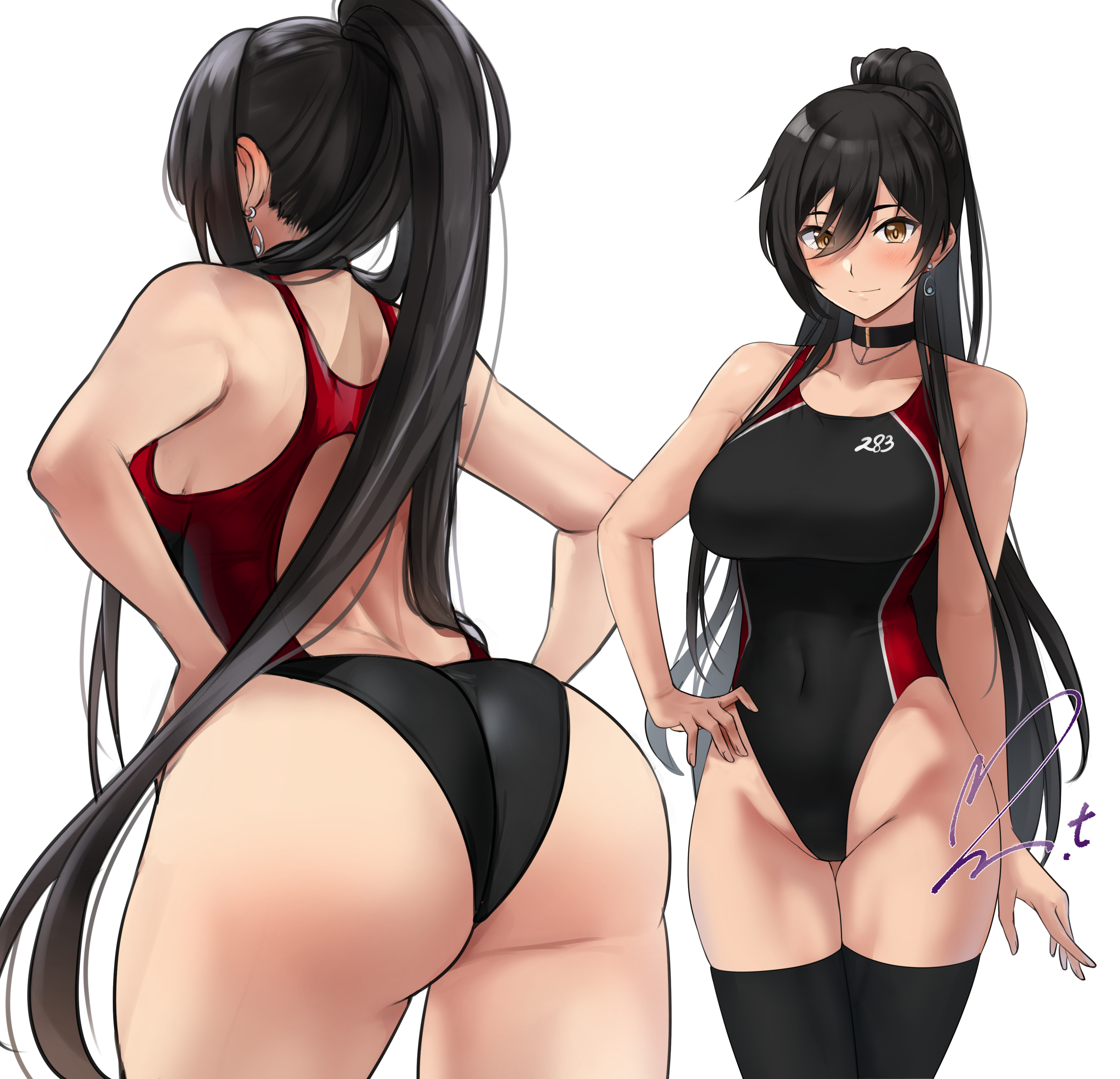 ass, ass focus, back, back view, bare arms, bare shoulders, belly button visible through clothing, big ass, big breasts, black hair, black thighhighs, blush, breasts, choker, closed mouth, collarbone, competition swimsuit, earrings, female, groin, highleg one-piece swimsuit, idolmaster, idolmaster shiny colors, long hair, one piece swimsuit, ponytail, red swimsuit, shirase sakuya, shoulder blades, smile, swimsuit, thick thighs, thigh gap, thighhighs, thighs, yellow eyes, yoo tenchi
