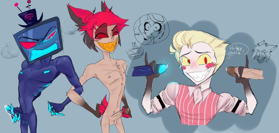 3boys, alastor (hazbin hotel), angry face, blush, bright colors, cum, grabbing penis, hazbin hotel, lucifer morningstar (hazbin hotel), male, penis, smiling, sunzz, tv head, vox (hazbin hotel)