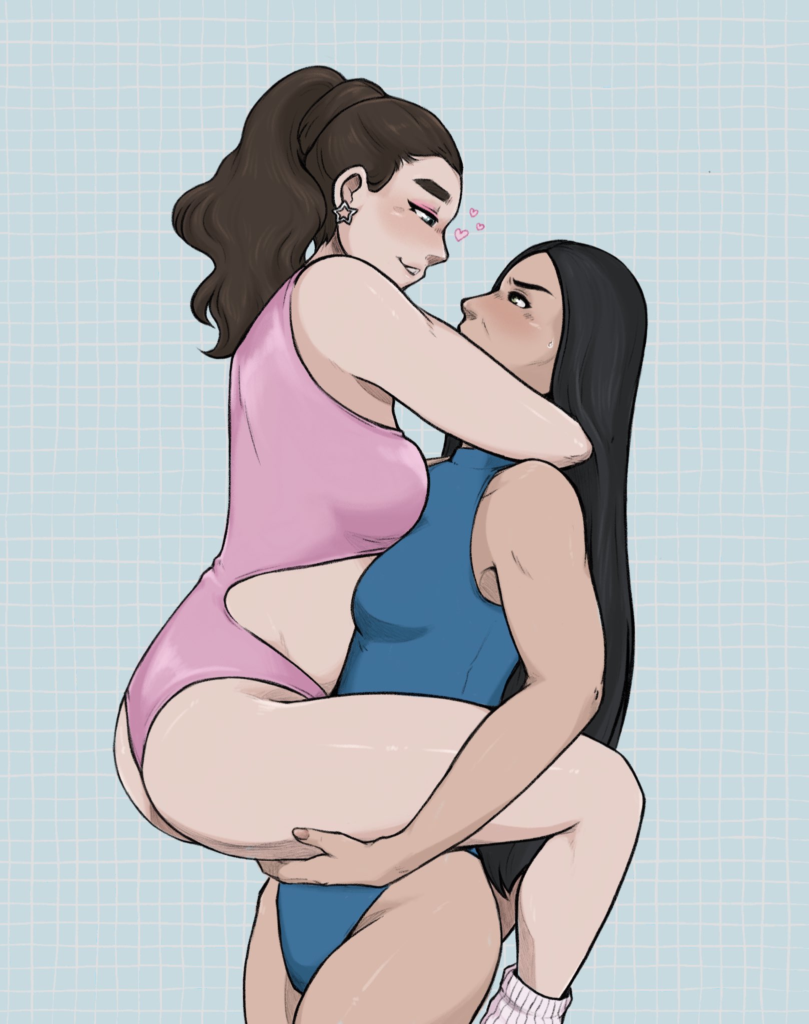 2girls, actress, age difference, blue leotard, blush, celebrity, demi moore, elizabeth sparkle, female, gym uniform, knee socks, kneesocks, leotard, lesbian, margaret qualley, mature female, milf, pink leotard, real person, selfcest, sue sparkle, the substance, toxic yuri, younger female, yuri