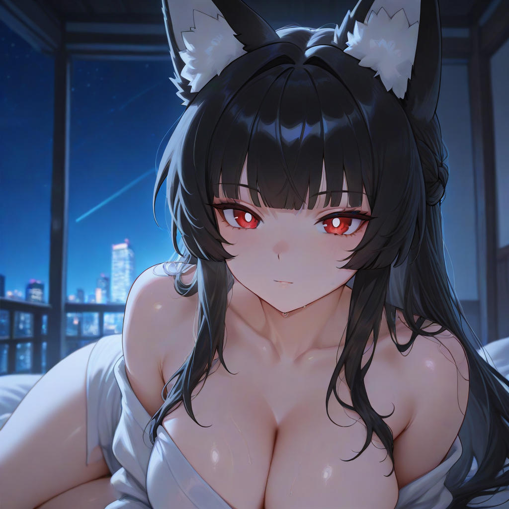 ai generated, bare shoulders, bedroom, big breasts, bigbizarts, black hair, breasts, female, fox, fox ears, fox girl, hoshimi miyabi, long hair, night, red eyes, seductive, sleeve slip, zenless zone zero