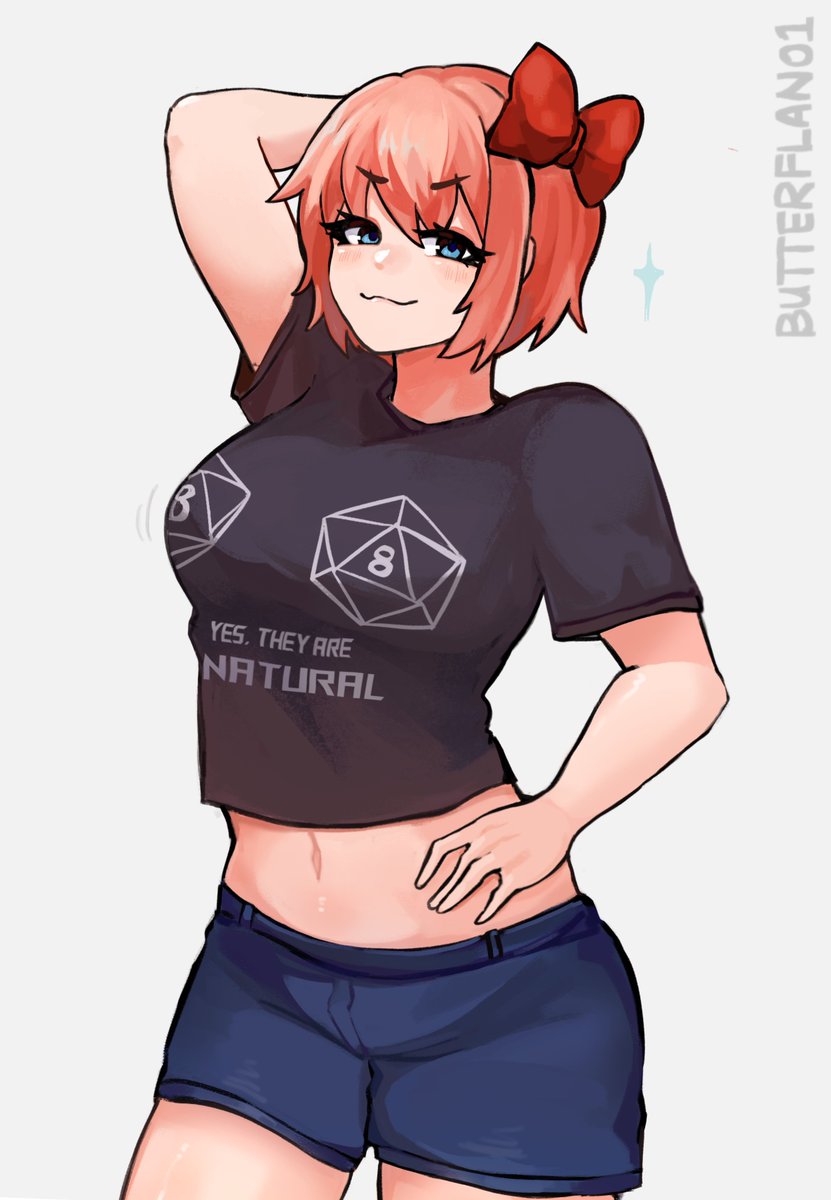 1girls artist_name blue_eyes bow bow_in_hair busty butterflan01 curvy doki_doki_literature_club hand_on_hip light-skinned_female light_skin midriff orange_hair sayori_(doki_doki_literature_club) shorts t-shirt white_background
