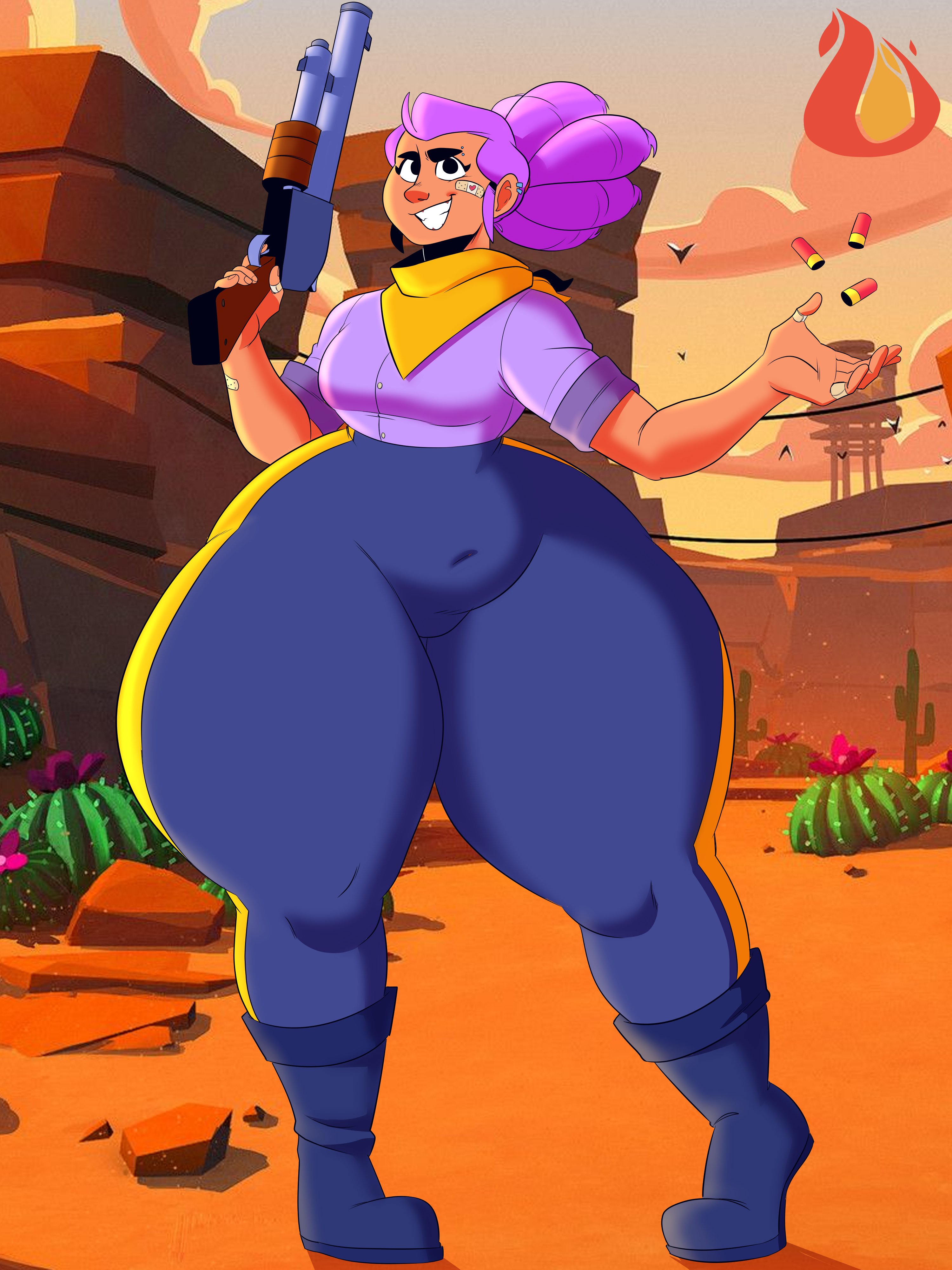 ass, belly, brawl stars, chubby, chubby belly, chubby female, elpiromanias, female, gun, huge ass, latina, purple hair, shelly (brawl stars), wide hips